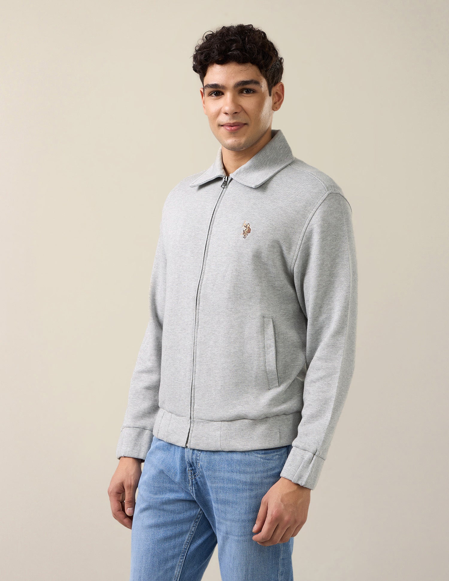 Heathered Regular Fit Zipper Sweatshirt Grey Melang - U.S. Polo Assn. India | Large