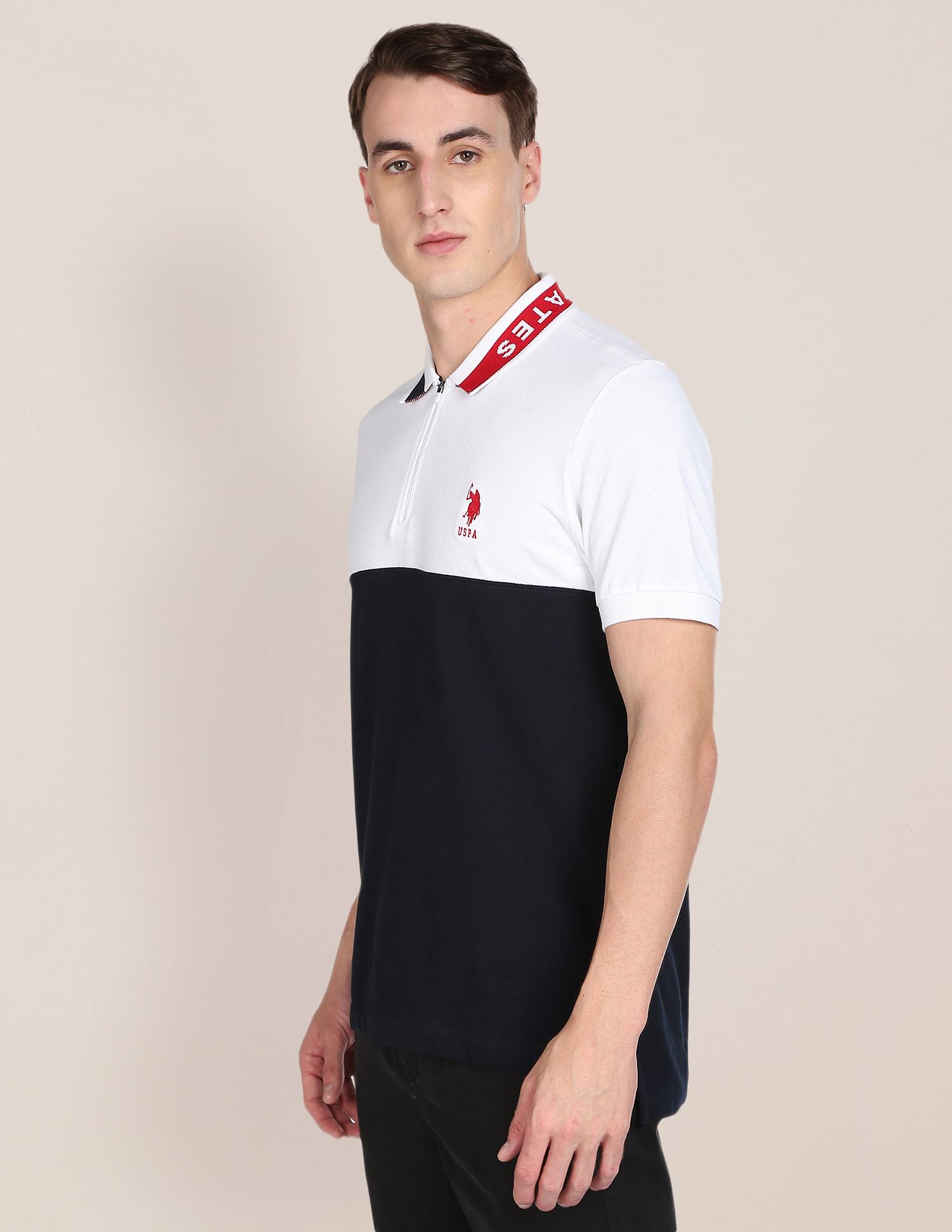 Colour Block Pure Cotton Polo Shirt Navy and White - U.S. Polo Assn. India | Large