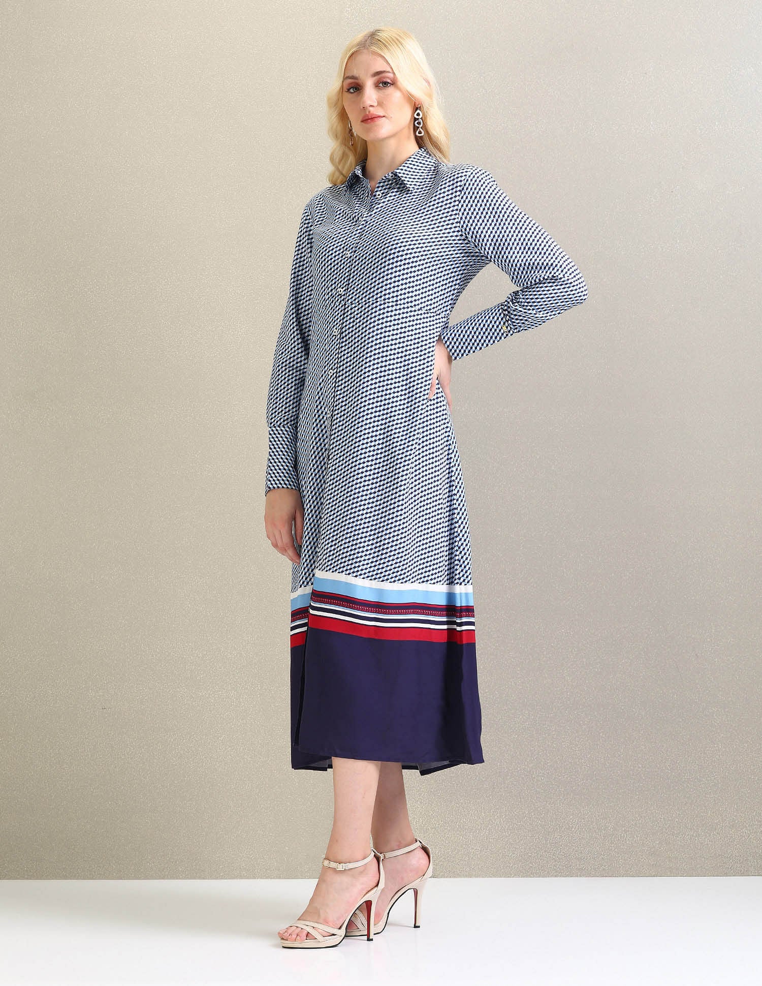 Geometric Print Viscose Shirt Dress Blue - U.S. Polo Assn. India | Large