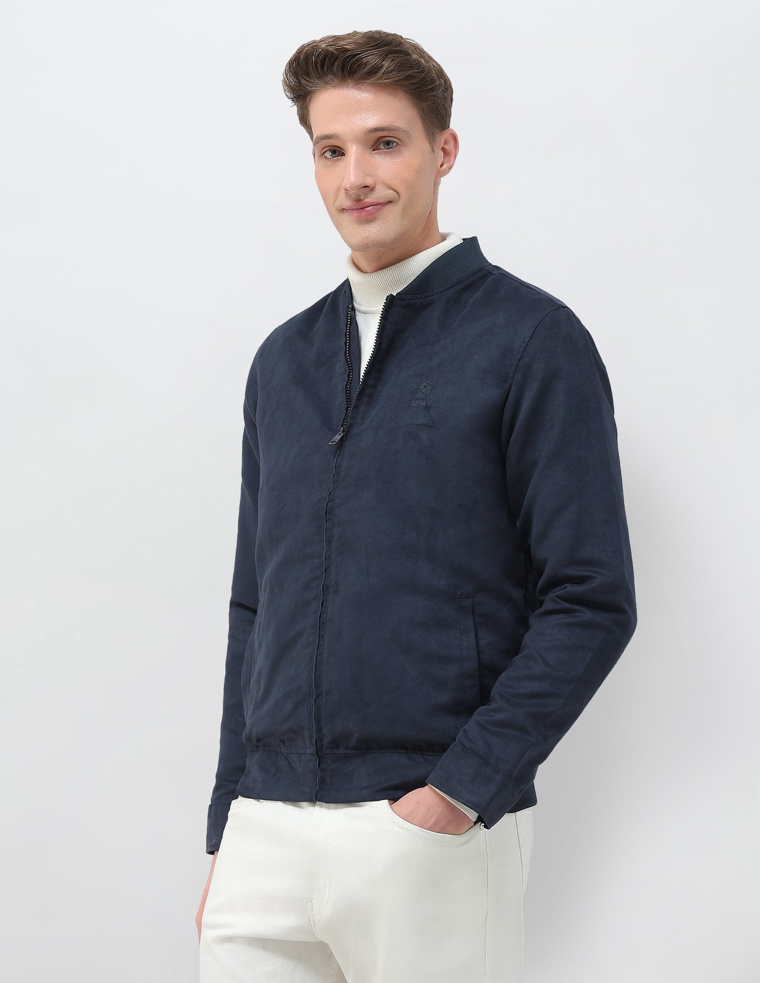 Solid Regular Fit Bomber Jacket Navy - U.S. Polo Assn. India | Large