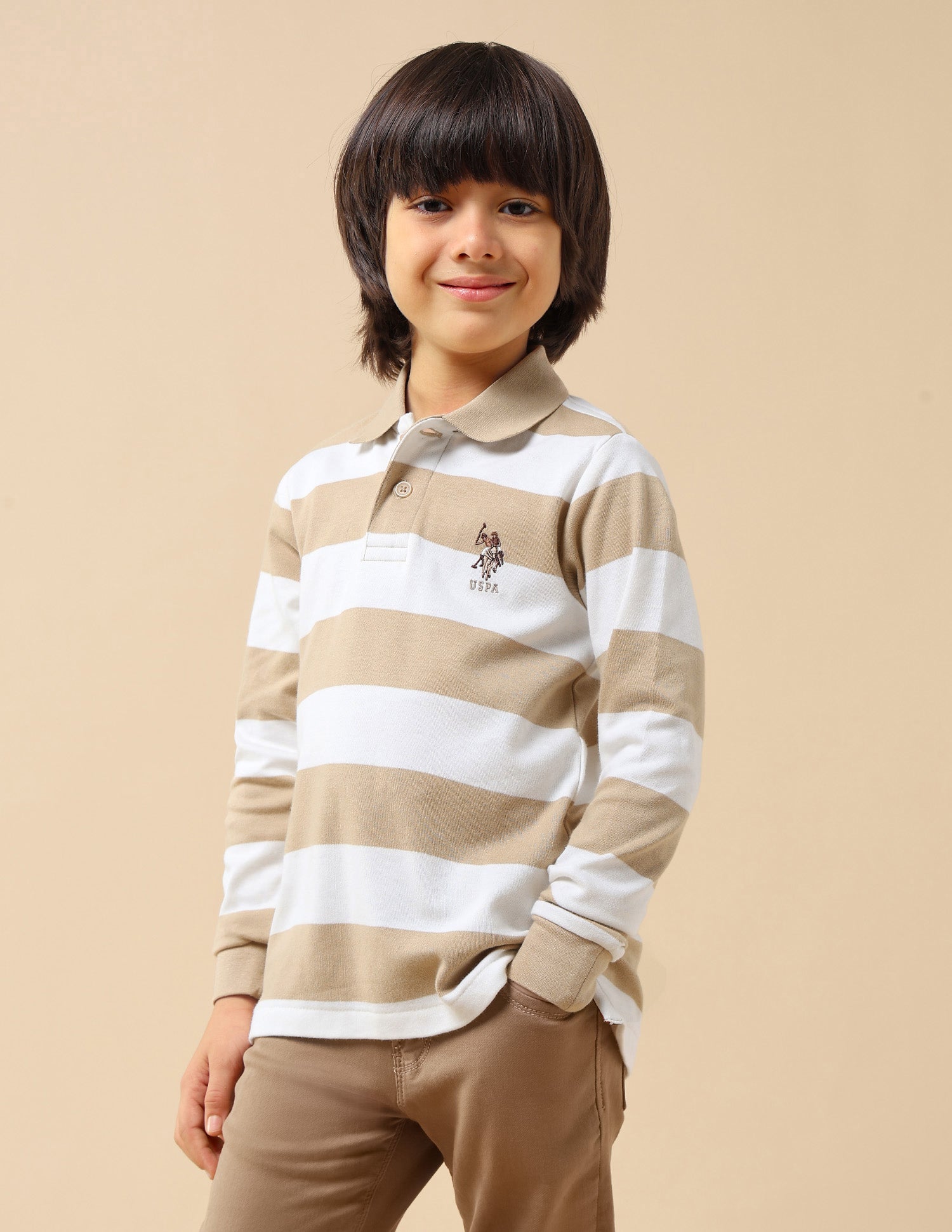 Boys Horizontal Striped Regular Fit Polo Shirt Light Brown - U.S. POLO ASSN. | Large