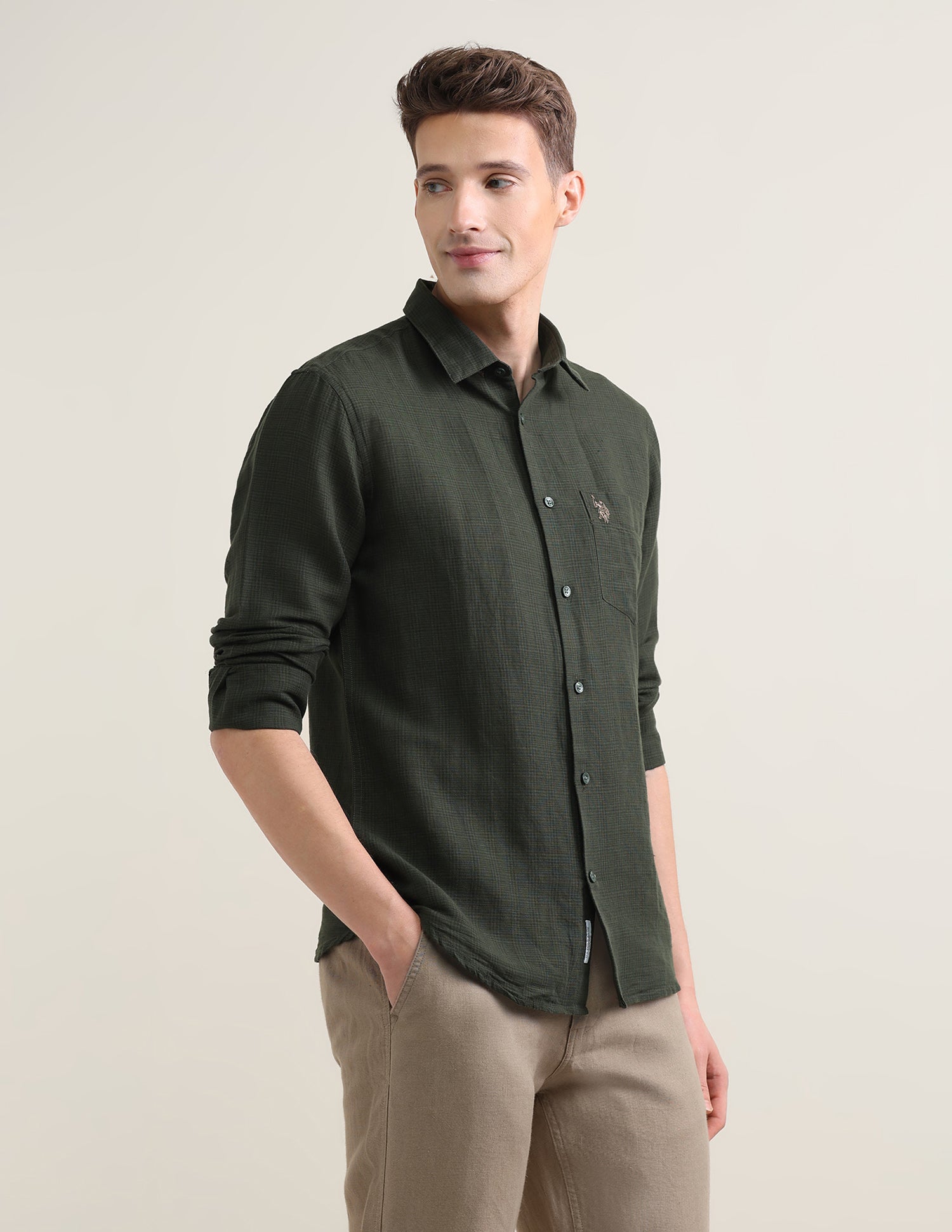 Solid Regular Fit Shirt Olive - U.S. Polo Assn. India | Large
