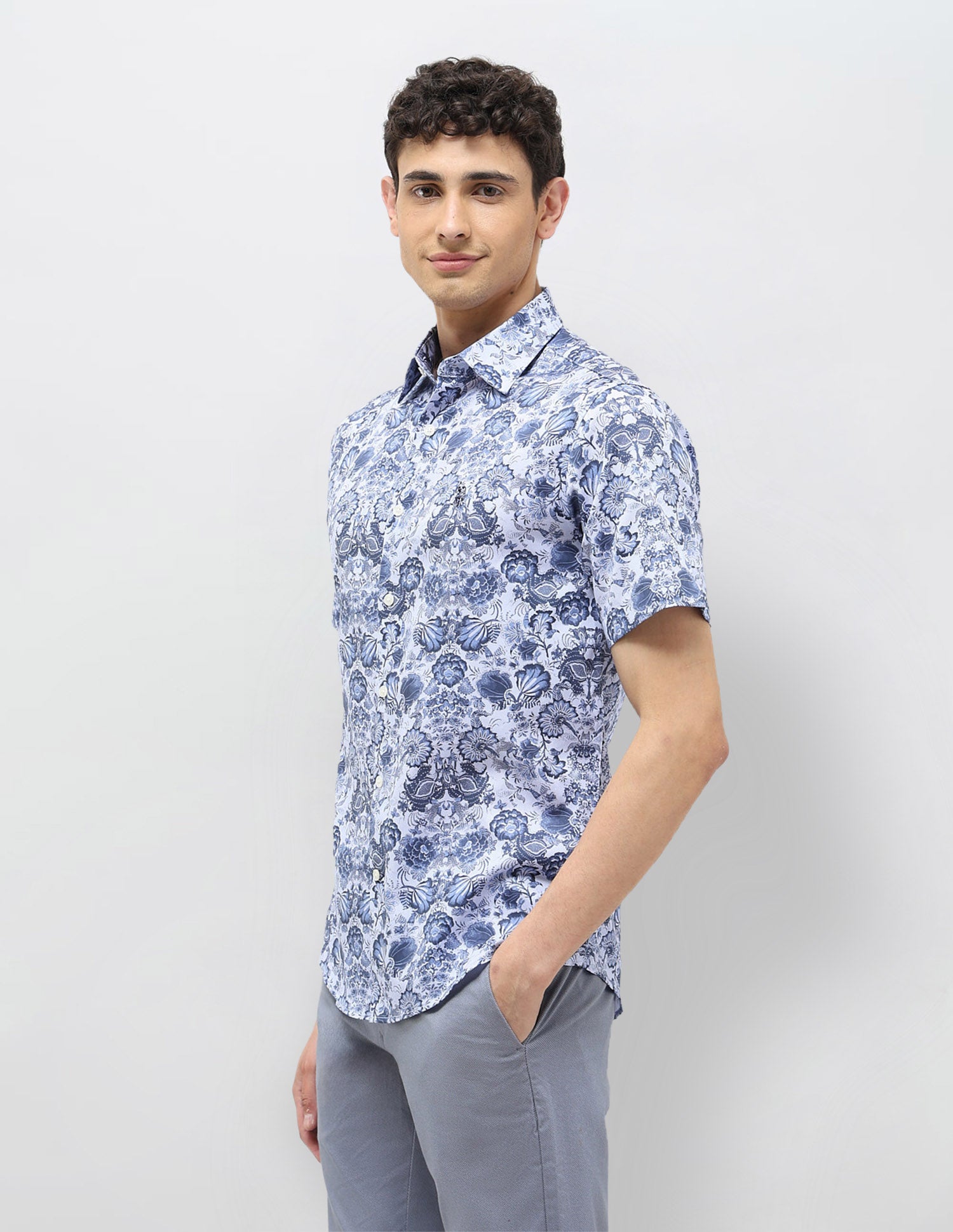 Floral Printed Tailored Fit Shirt Blue - U.S. POLO ASSN. | Large