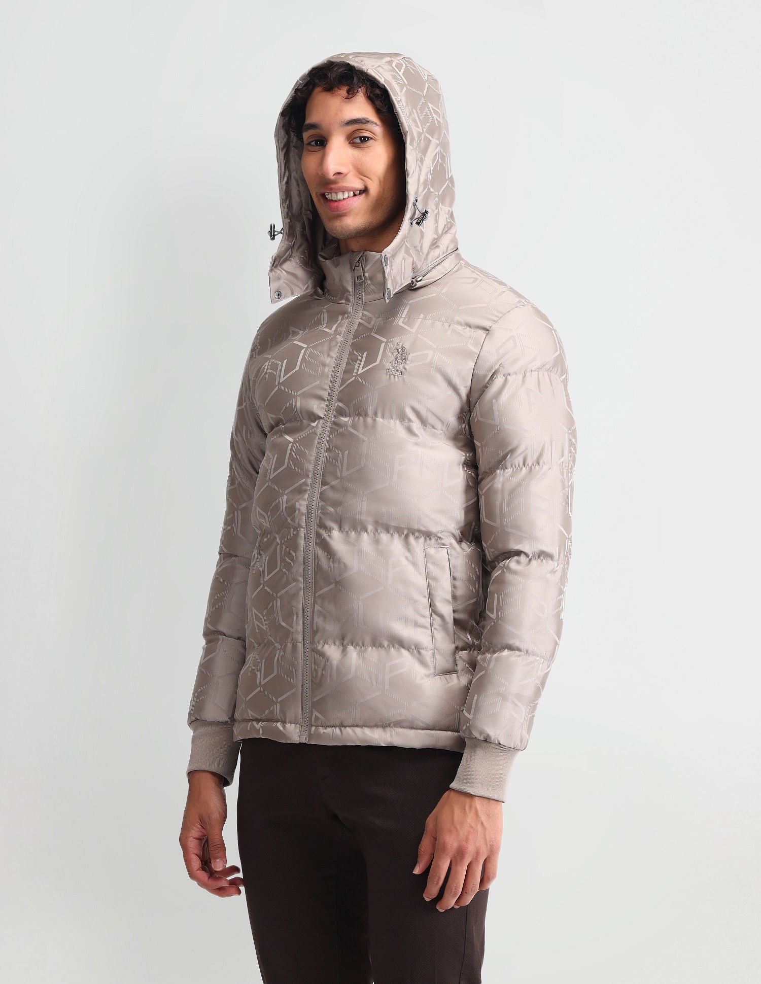 Detachable Hood Padded Jacket Beige Jacquard - U.S. Polo Assn. India | Large