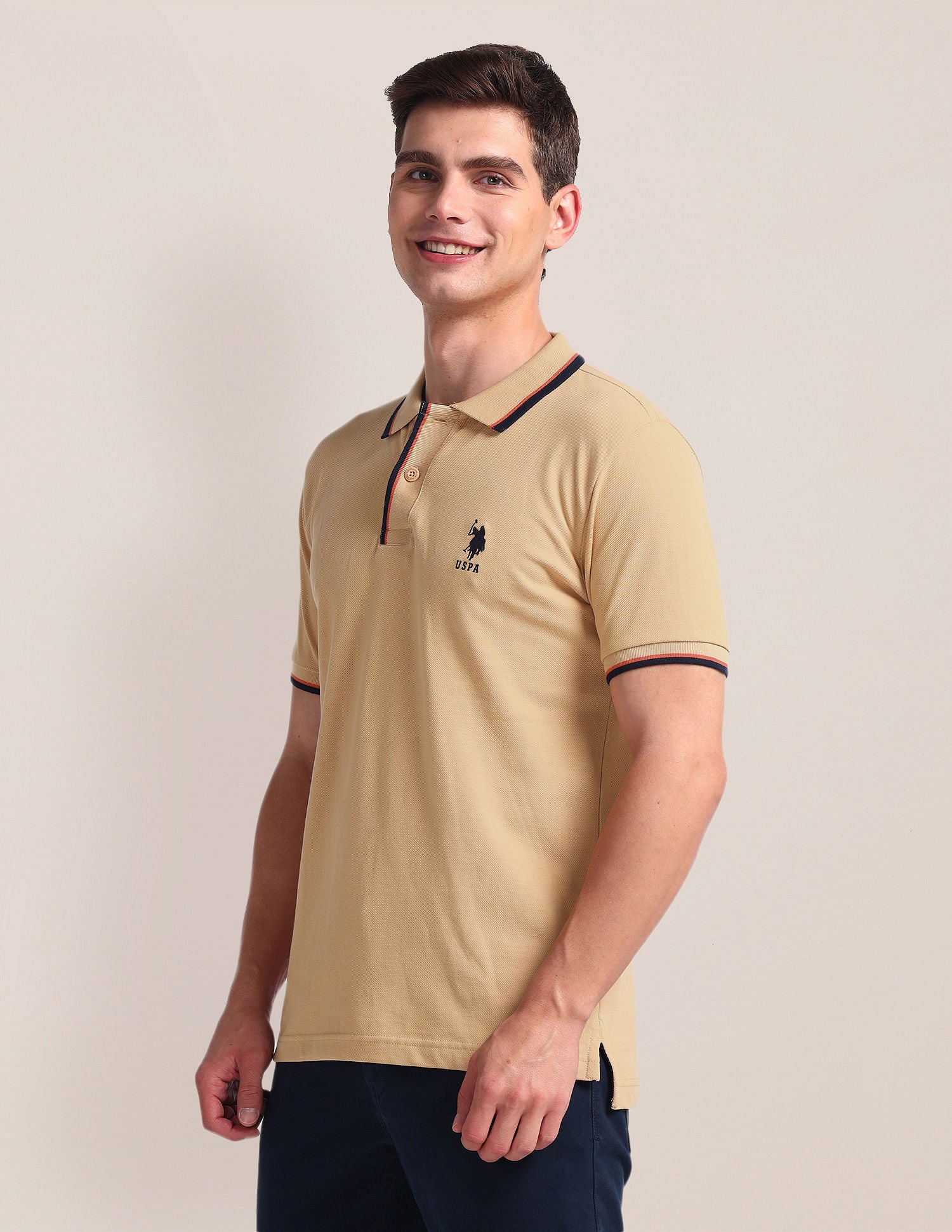 Tipped Collar Slim Polo Shirt Beige - U.S. Polo Assn. India | Large