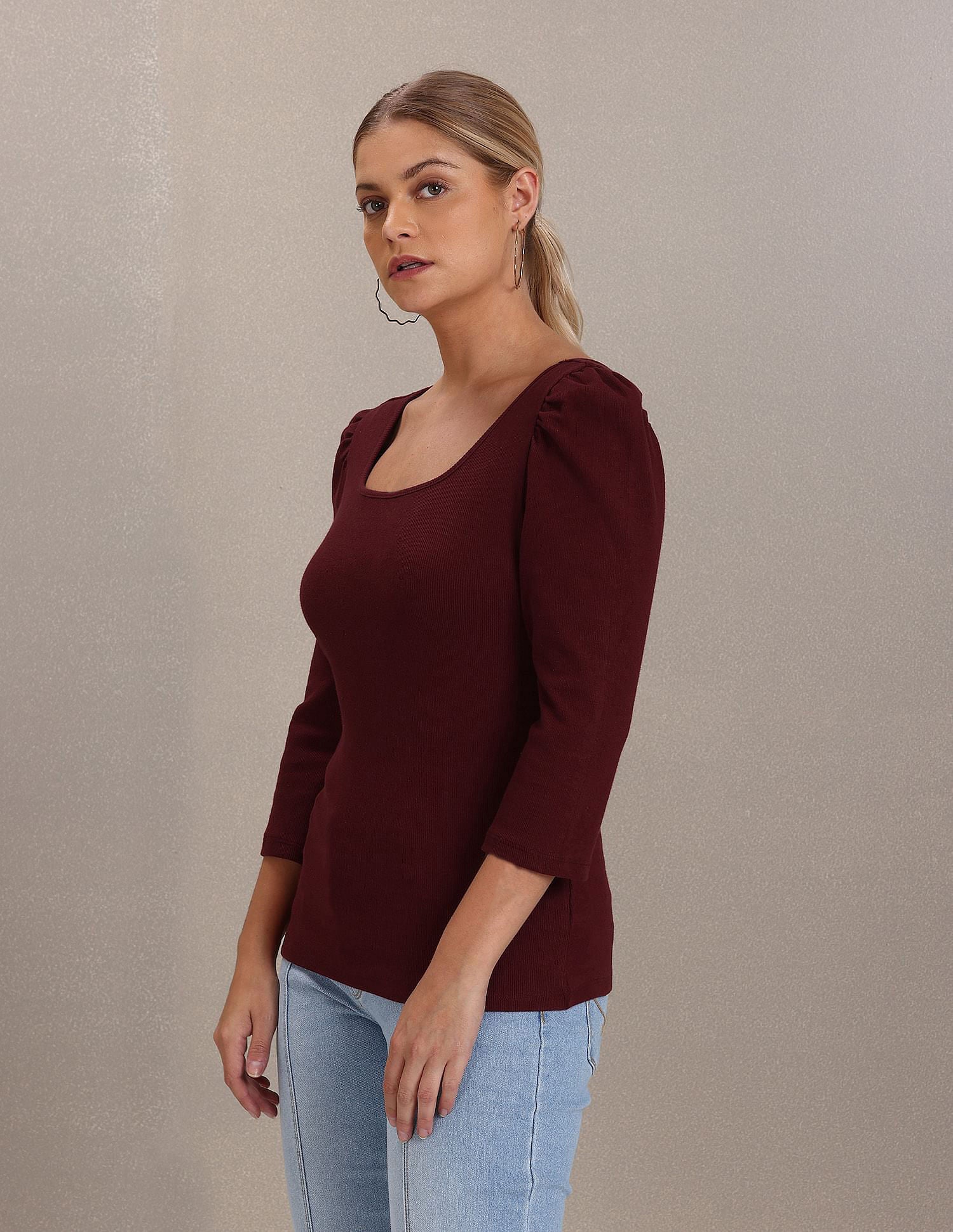 Square Neck Solid Knit Top Maroon - U.S. Polo Assn. India | Large