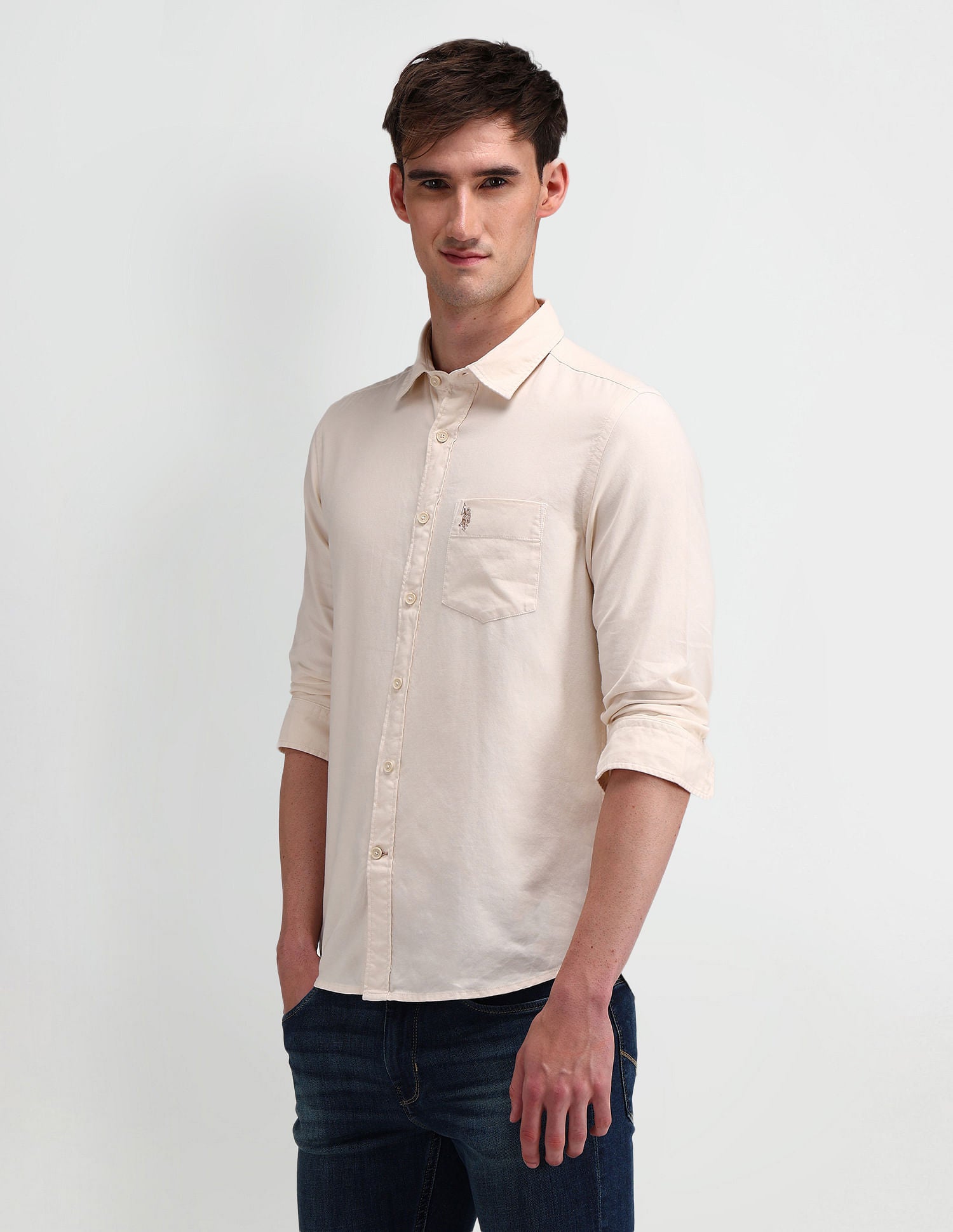 Slim Fit Solid Shirt Off-White - U.S. Polo Assn. India | Large