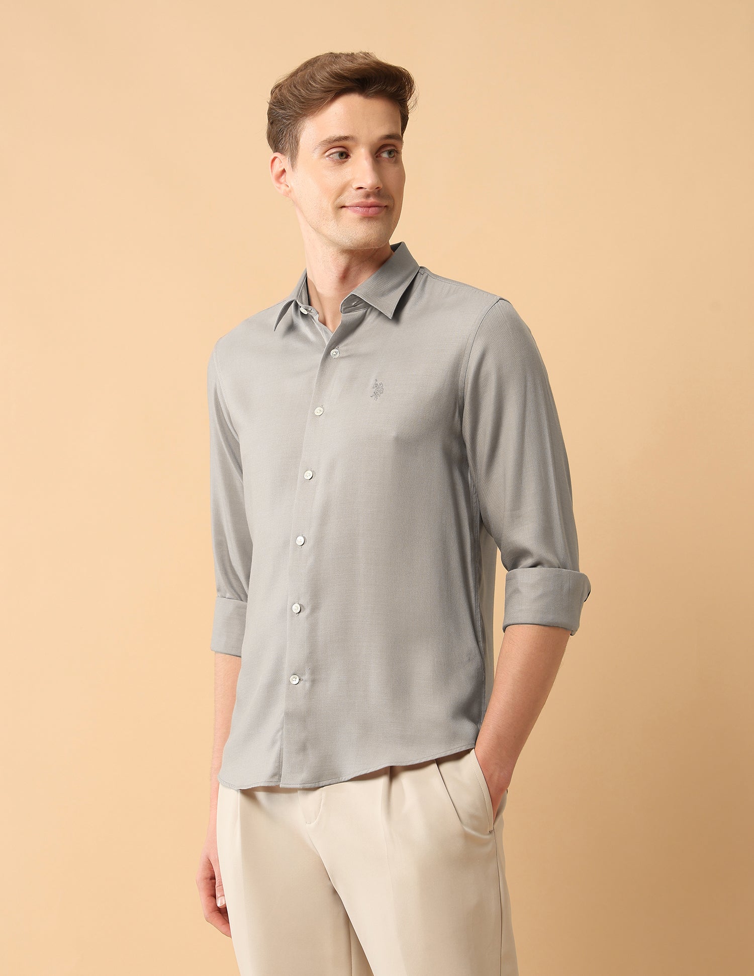Pacho X Twill Tailored Fit Shirt Grey - U.S. Polo Assn. India | Large
