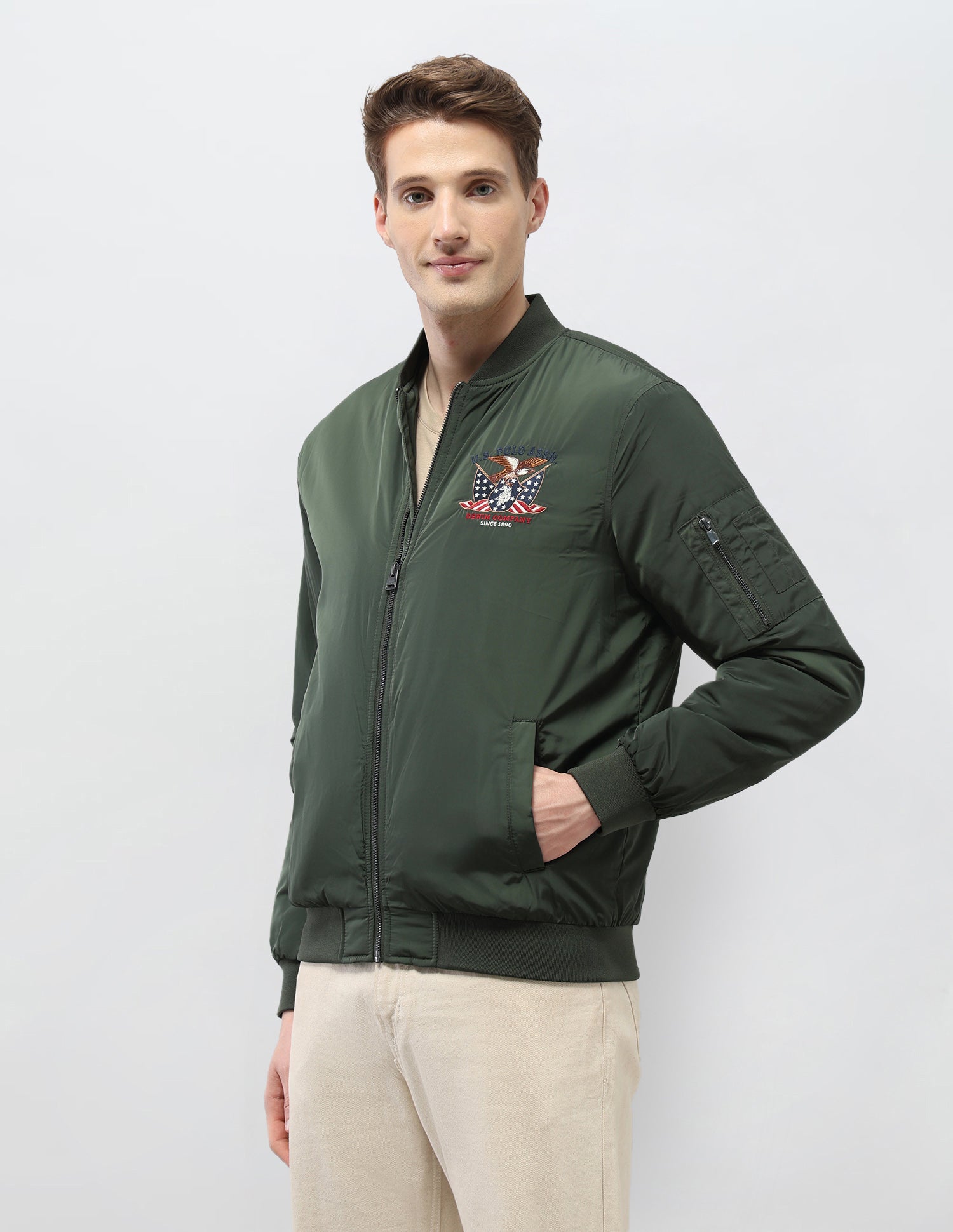 Solid Regular Fit Bomber Jacket Olive - U.S. Polo Assn. India | Large