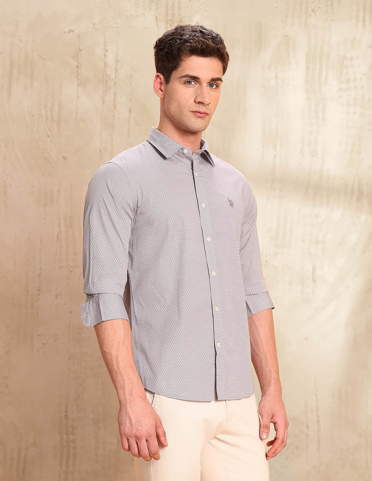 Floral Printed Tailored Fit Shirt Light Khaki - U.S. POLO ASSN. | Large