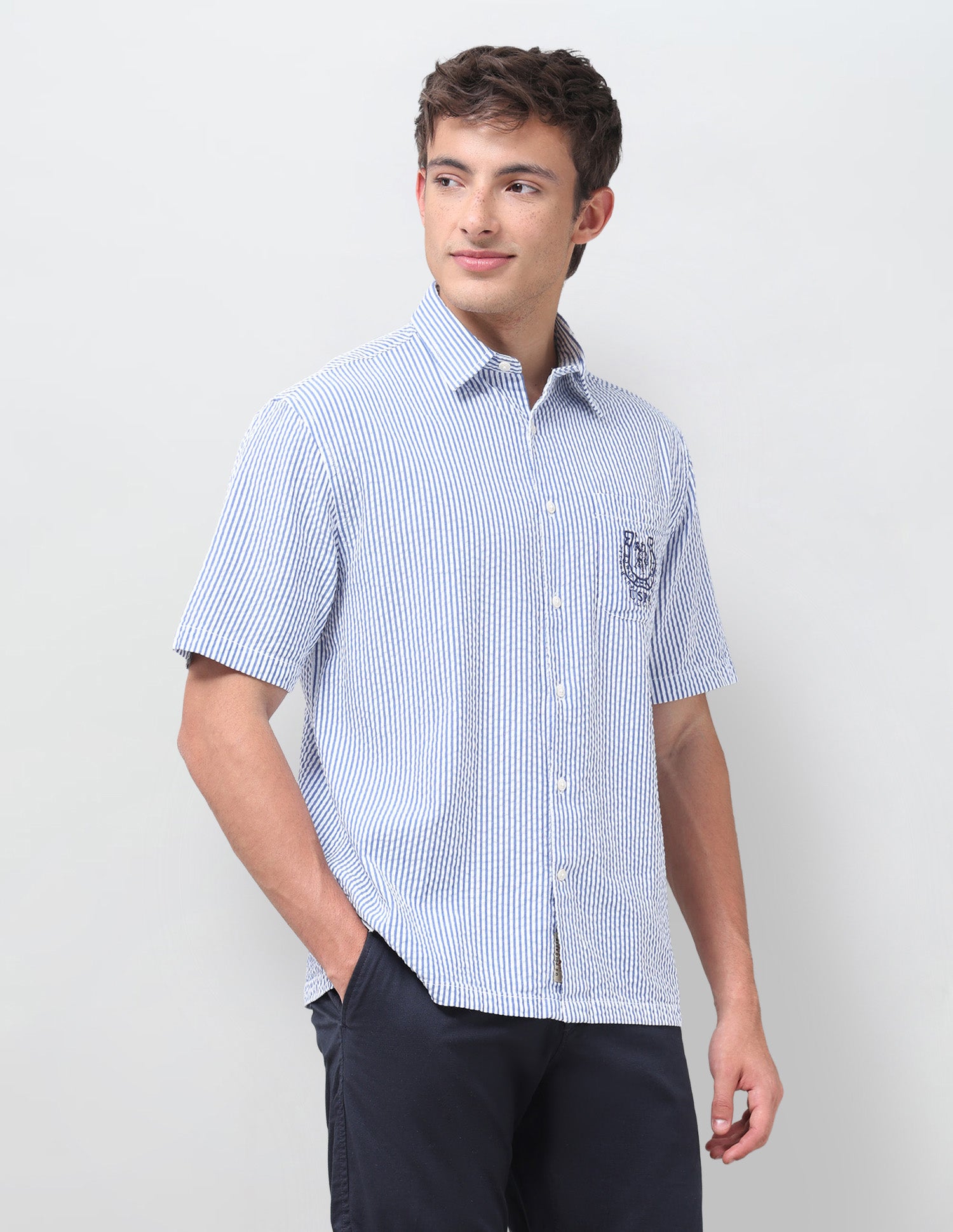 Brand Embroidered Seersucker Shirt Blue - U.S. Polo Assn. India | Large