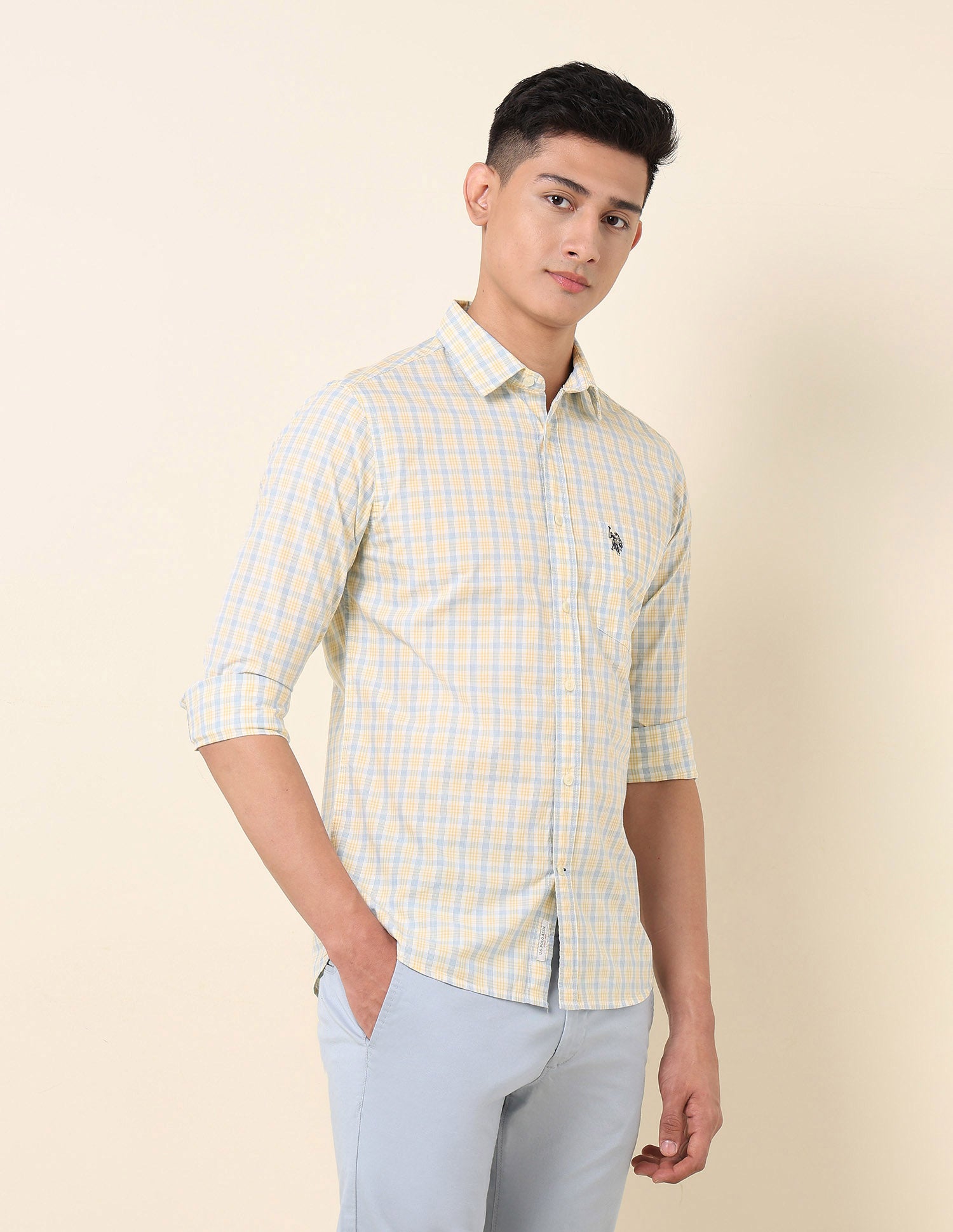 Pure Cotton Grid Tattersall Checked Shirt Yellow - U.S. Polo Assn. India | Large