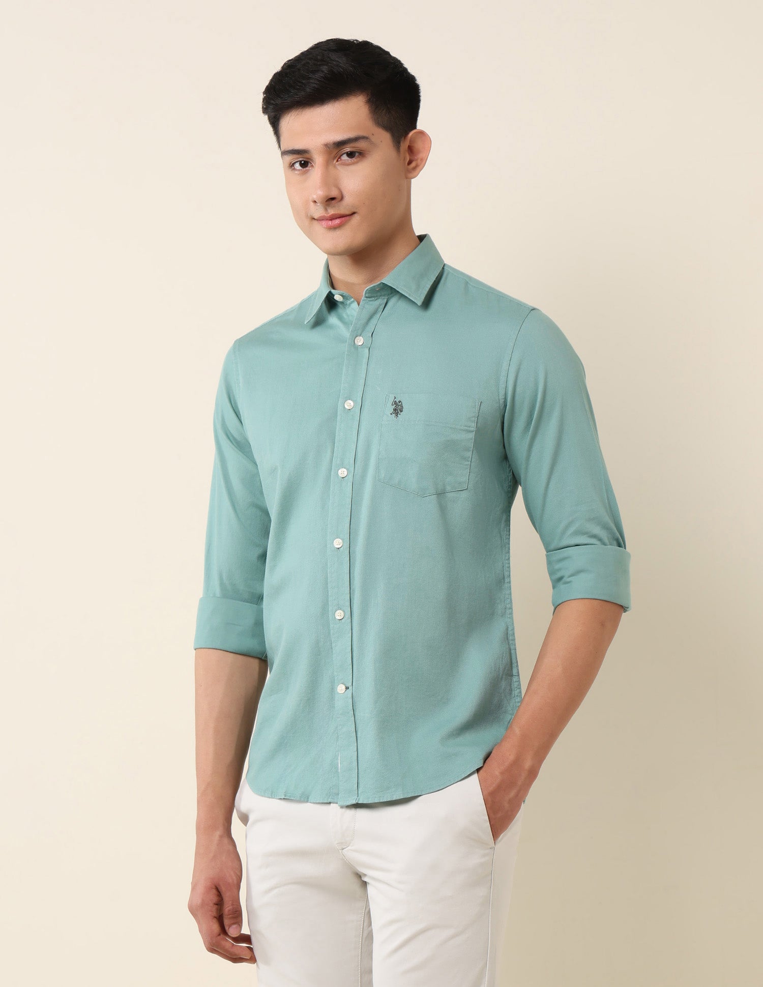 Pure Cotton Dobby Tailored Fit Shirt Light Green - U.S. Polo Assn. India | Large