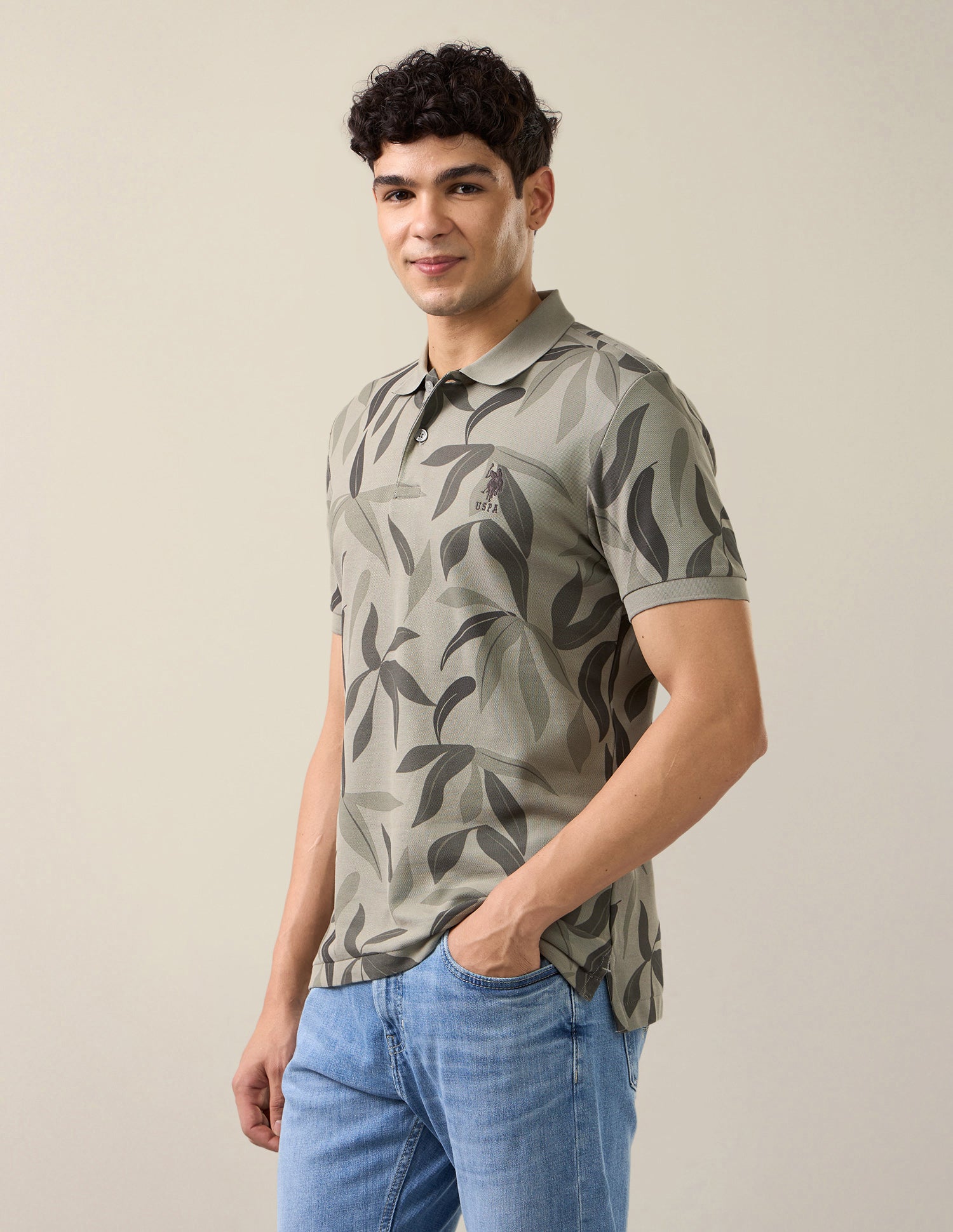 Tropical Printed Slim Fit Polo Shirt Olive - U.S. Polo Assn. India | Large