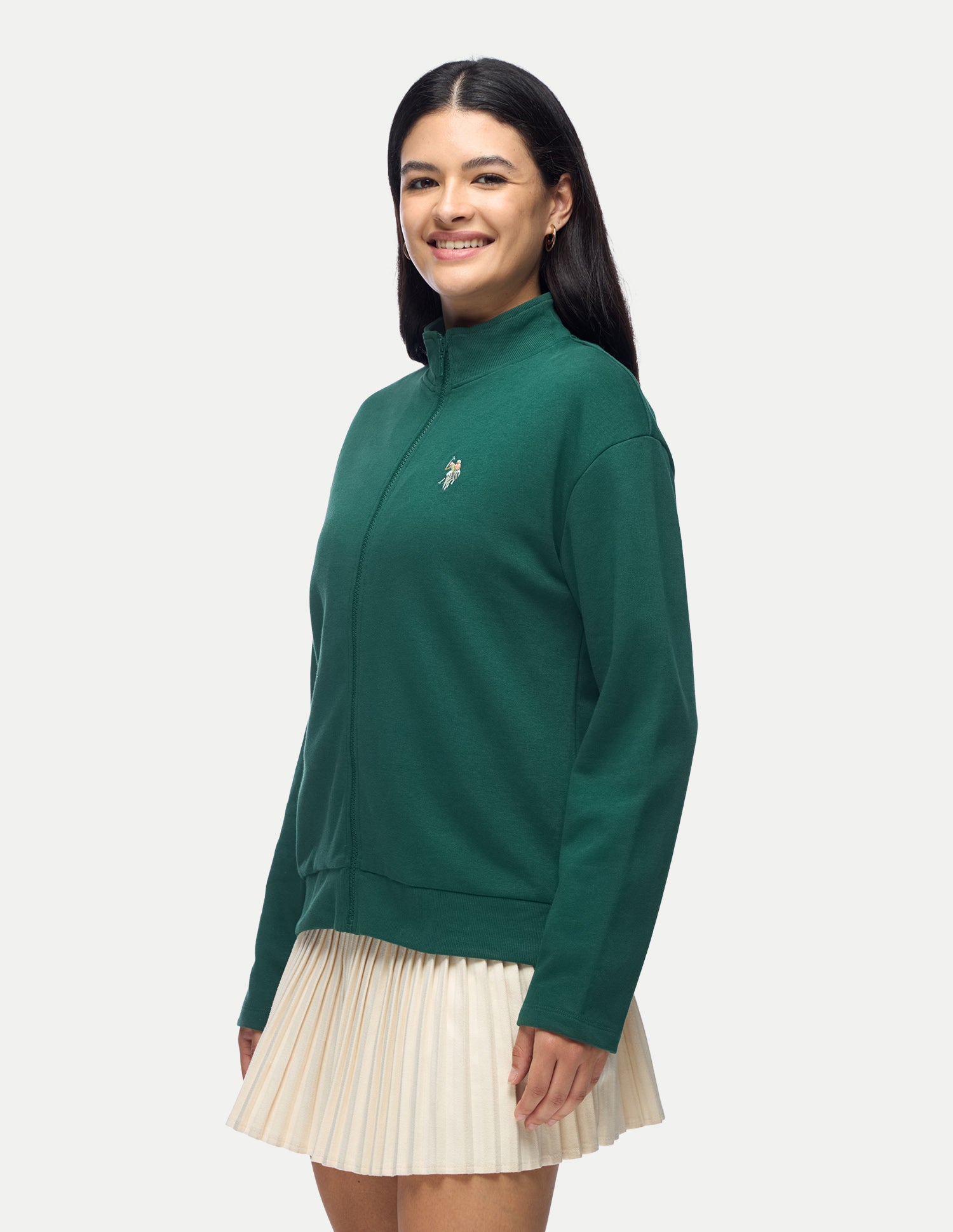 Solid Regular Fit Zipper Sweatshirt Dark Green - U.S. Polo Assn. India | Large