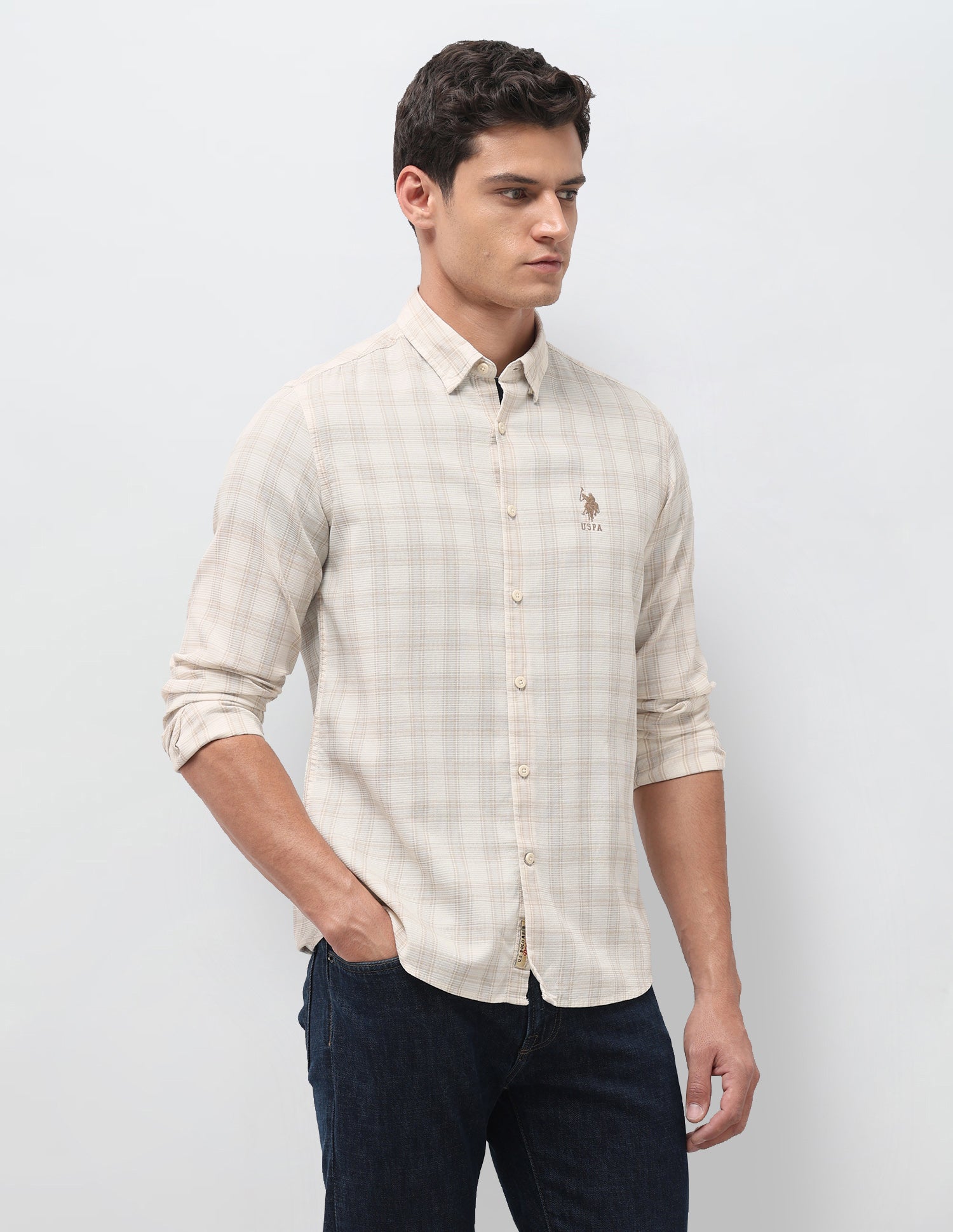 Textured With Tartan Checked Regular Fit Shirt Beige - U.S. Polo Assn. India | Large