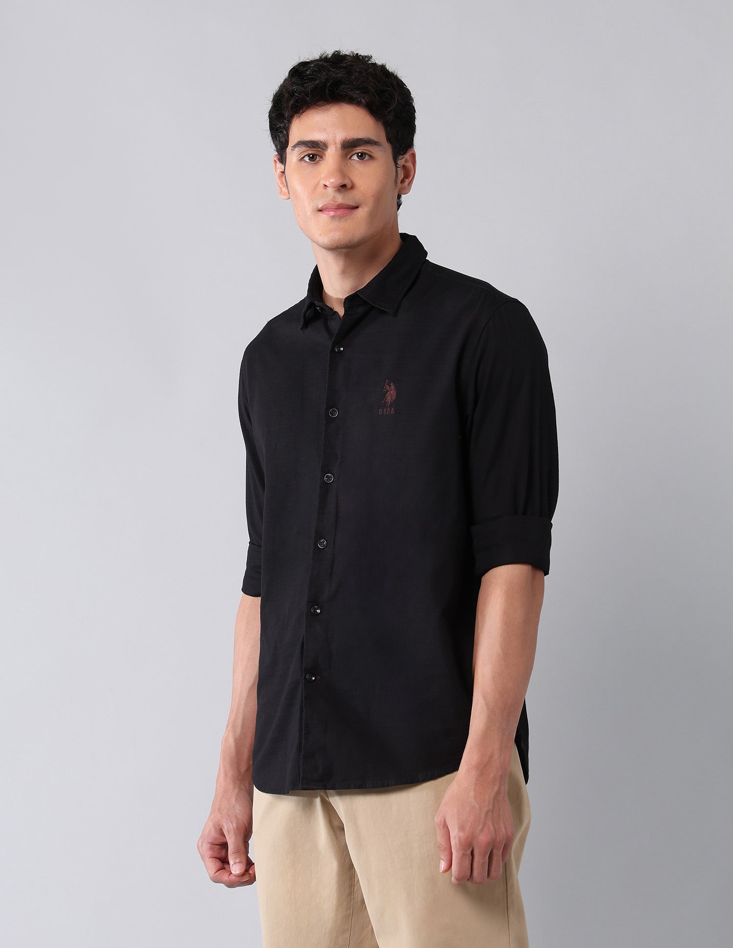 Pure Cotton Regular Fit Dobby Shirt Black - U.S. Polo Assn. India | Large