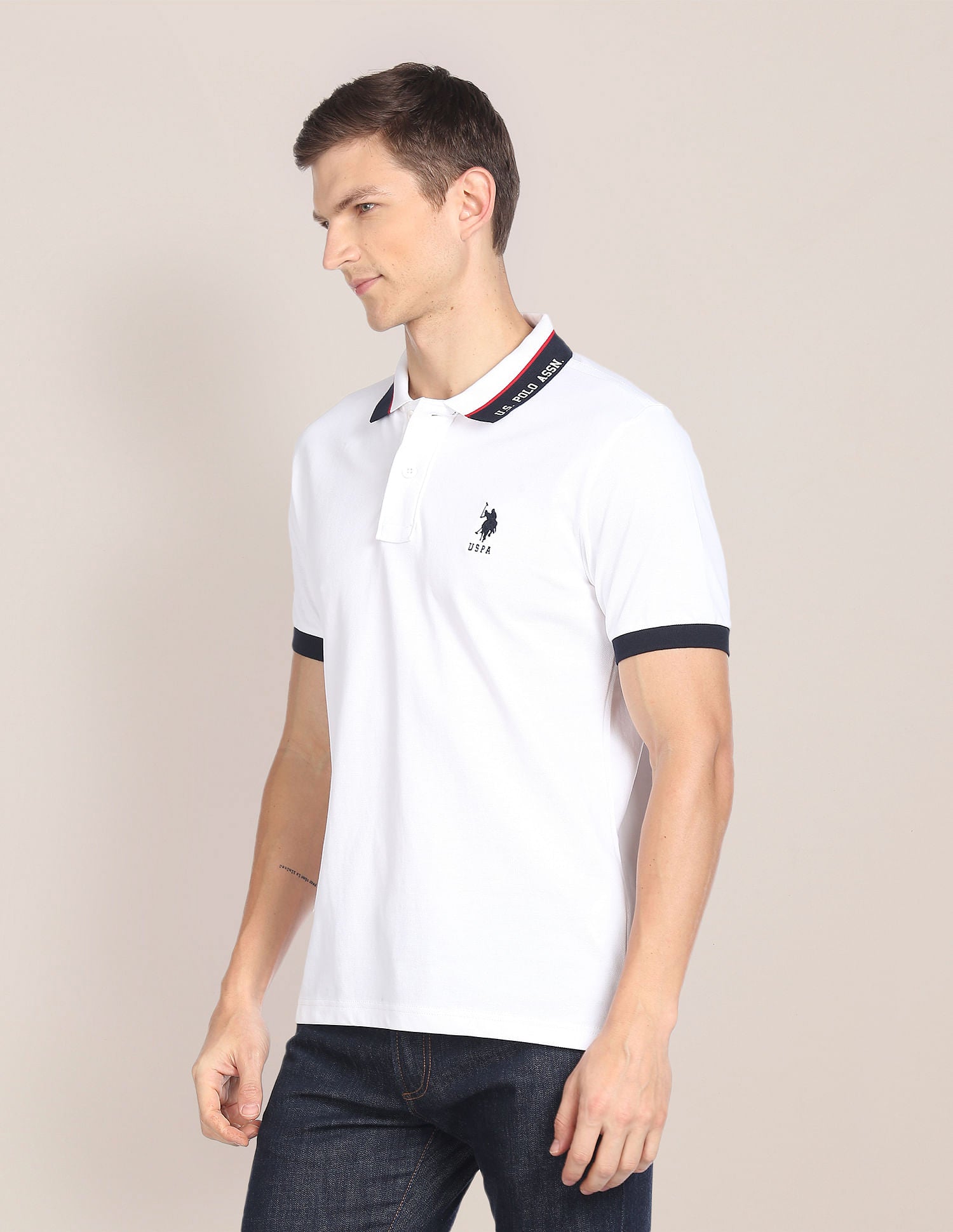 Printed Collar Pure Cotton Polo Shirt White - U.S. POLO ASSN. | Large