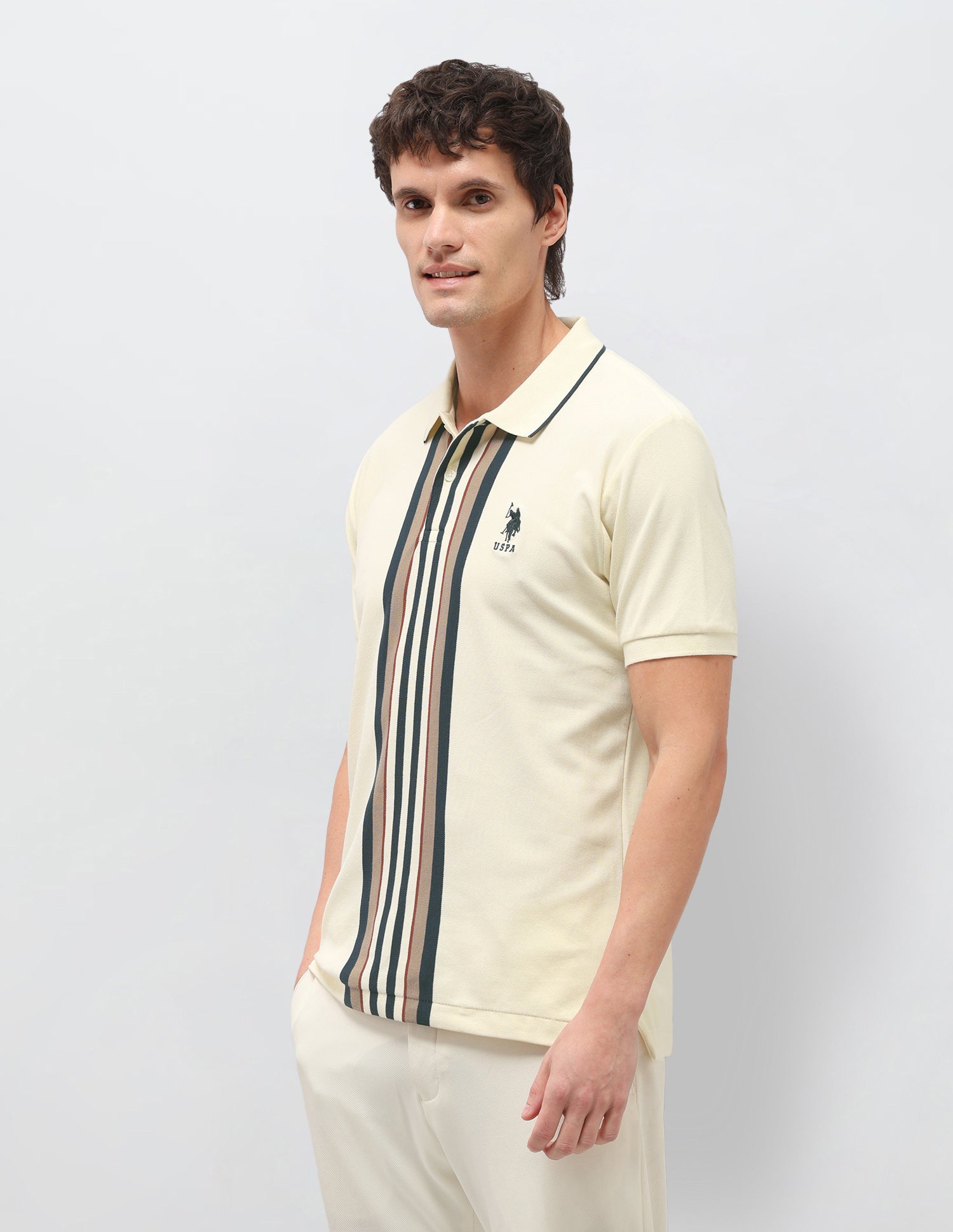 Vertical Striped Slim Fit Polo Shirt Off White - U.S. Polo Assn. India | Large