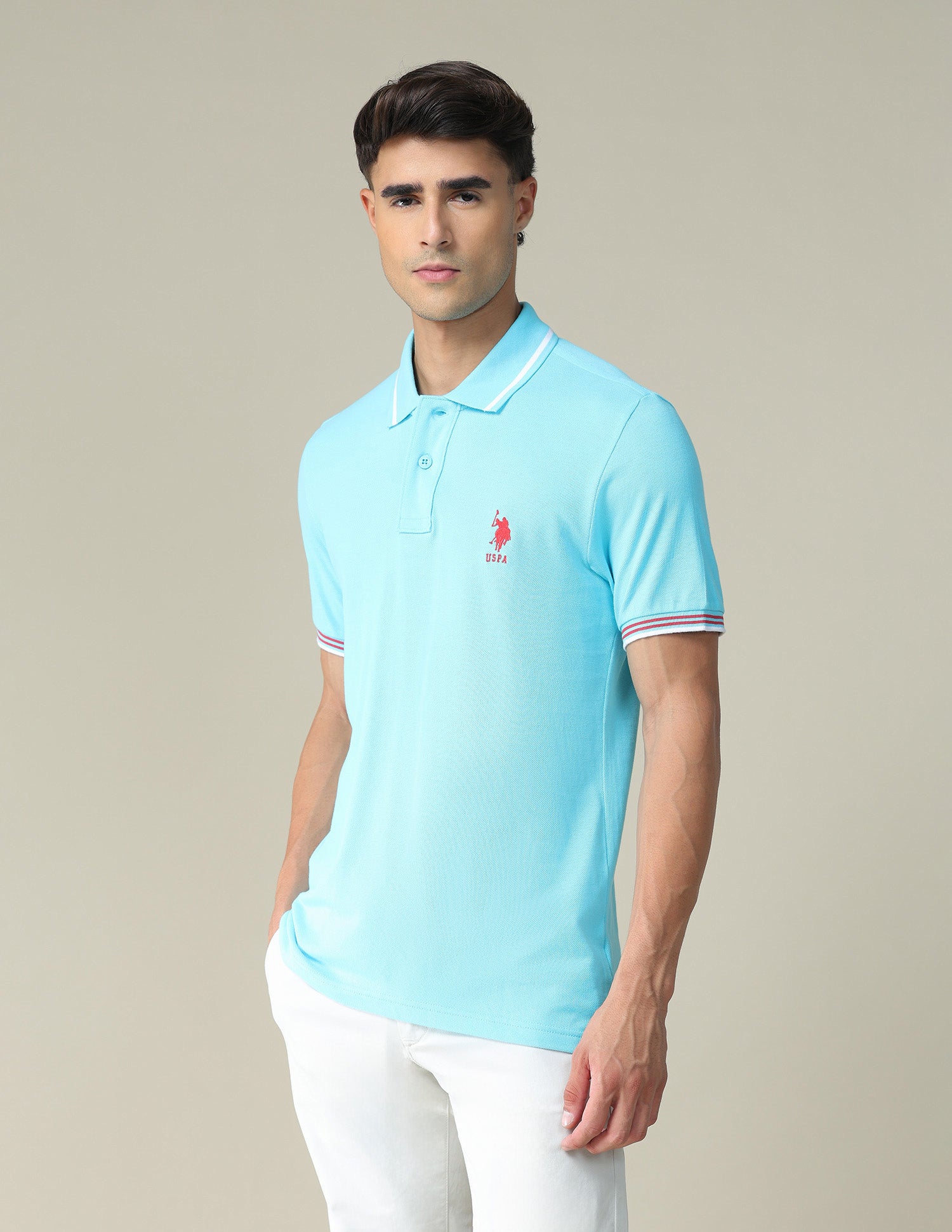 Striped Hem Cotton Polo Shirt Aqua - U.S. POLO ASSN. | Large