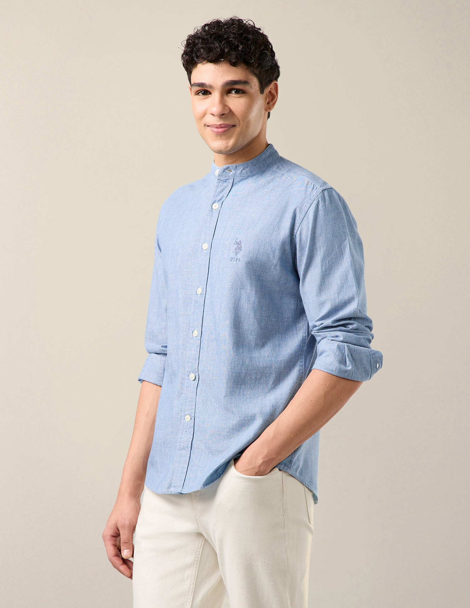 Heathered Twill Mandarin Shirt Light Indigo - U.S. Polo Assn. India | Large