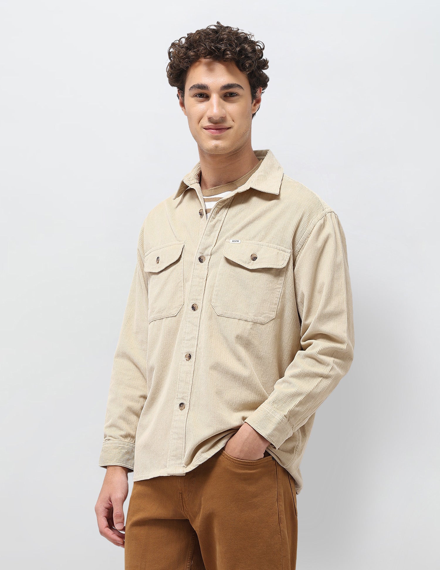 Slim Fit Corduroy Shirt Beige - U.S. Polo Assn. India | Large