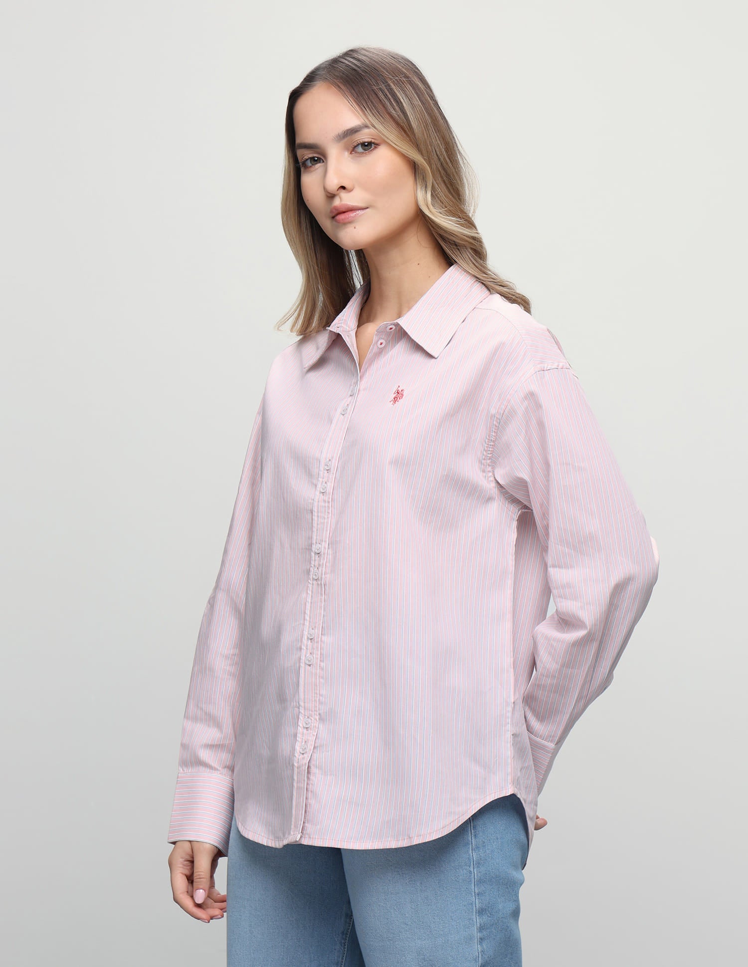 Vertical Striped Boyfriend Fit Shirt Pink - U.S. Polo Assn. India | Large