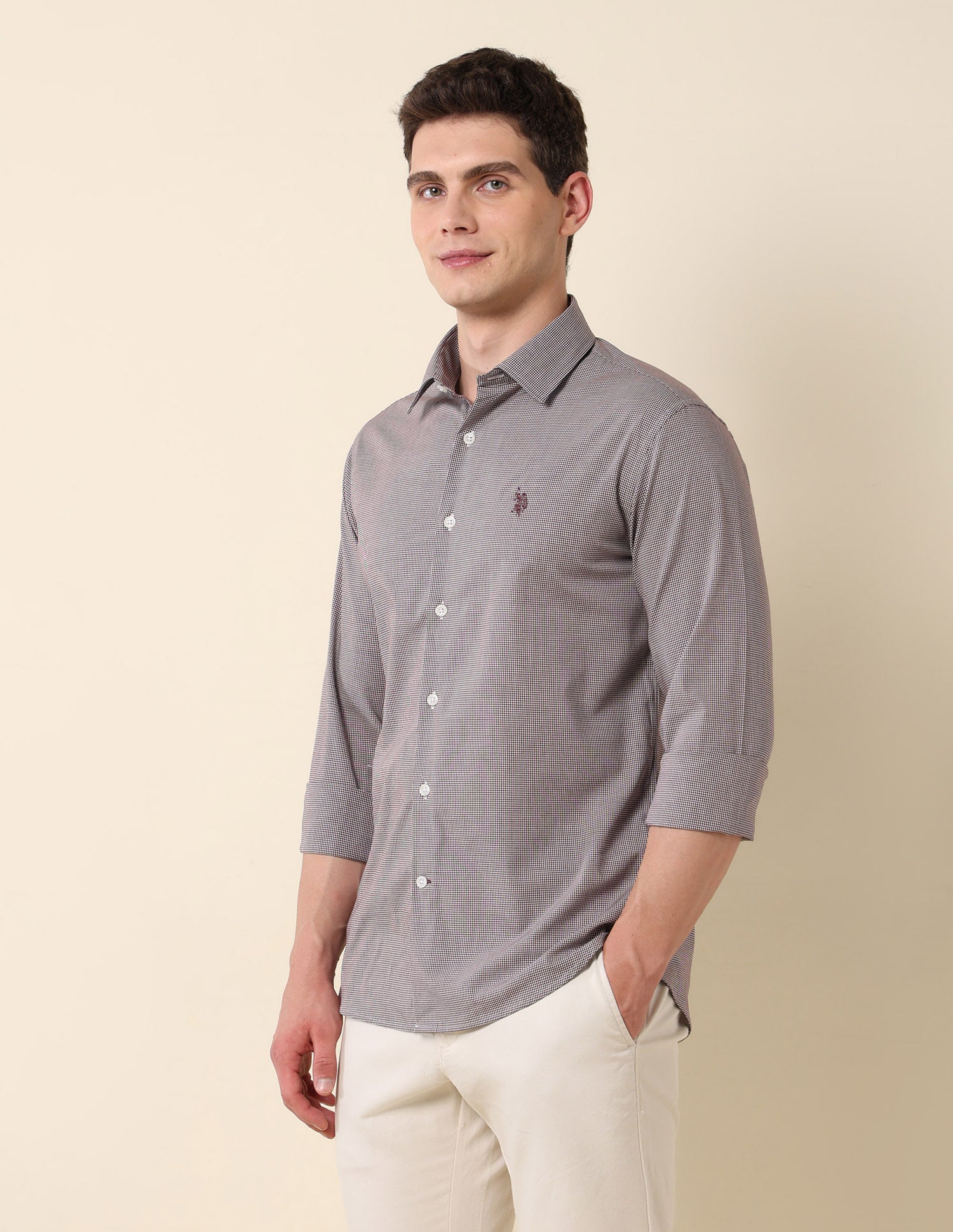Micro Checked Tailored Fit Shirt Burgundy - U.S. Polo Assn. India | Large