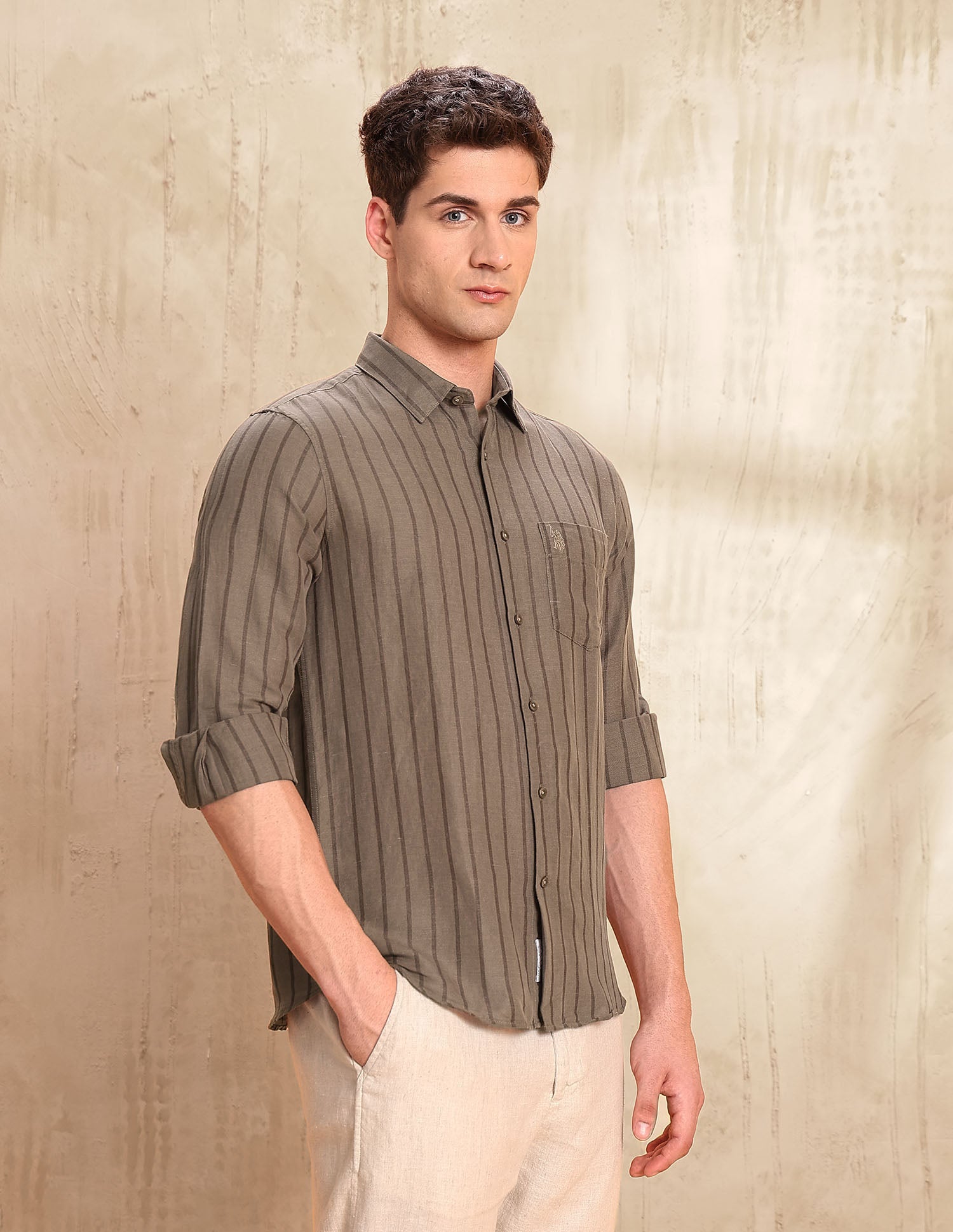 Vertical Striped Tailored Fit Shirt Brown - U.S. POLO ASSN. | Large