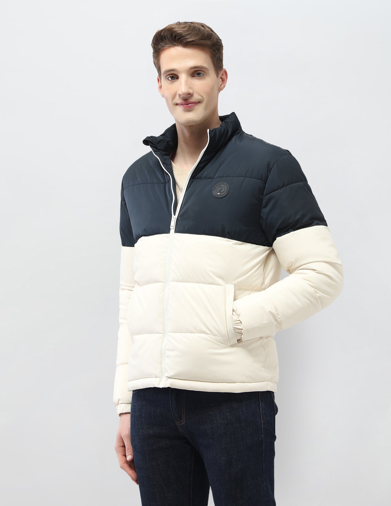 Colour Blocked Regular Fit Puffer Jacket Ivory - U.S. Polo Assn. India | Large