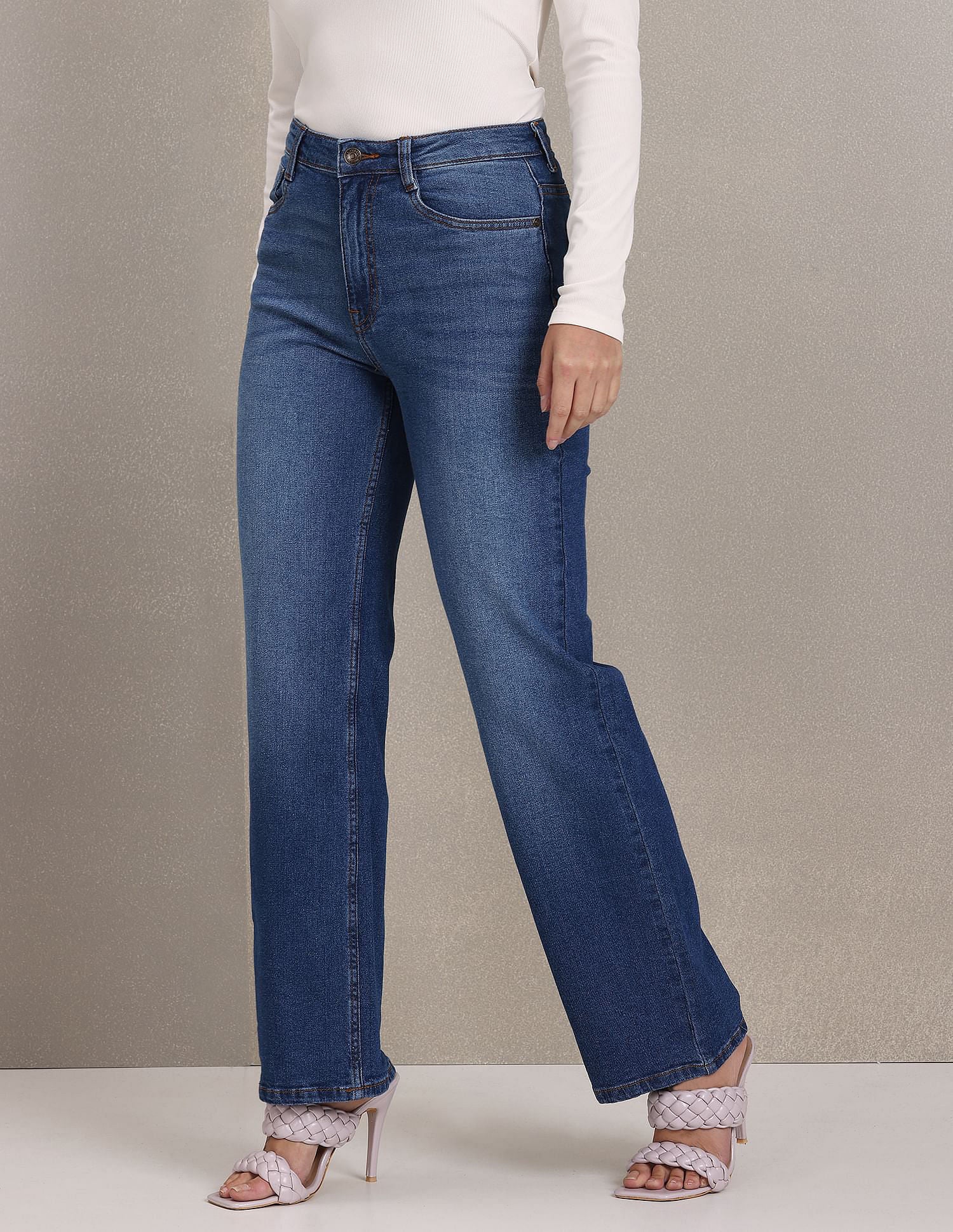 High Rise Stone Wash Flared Jeans Blue - U.S. POLO ASSN. | Large