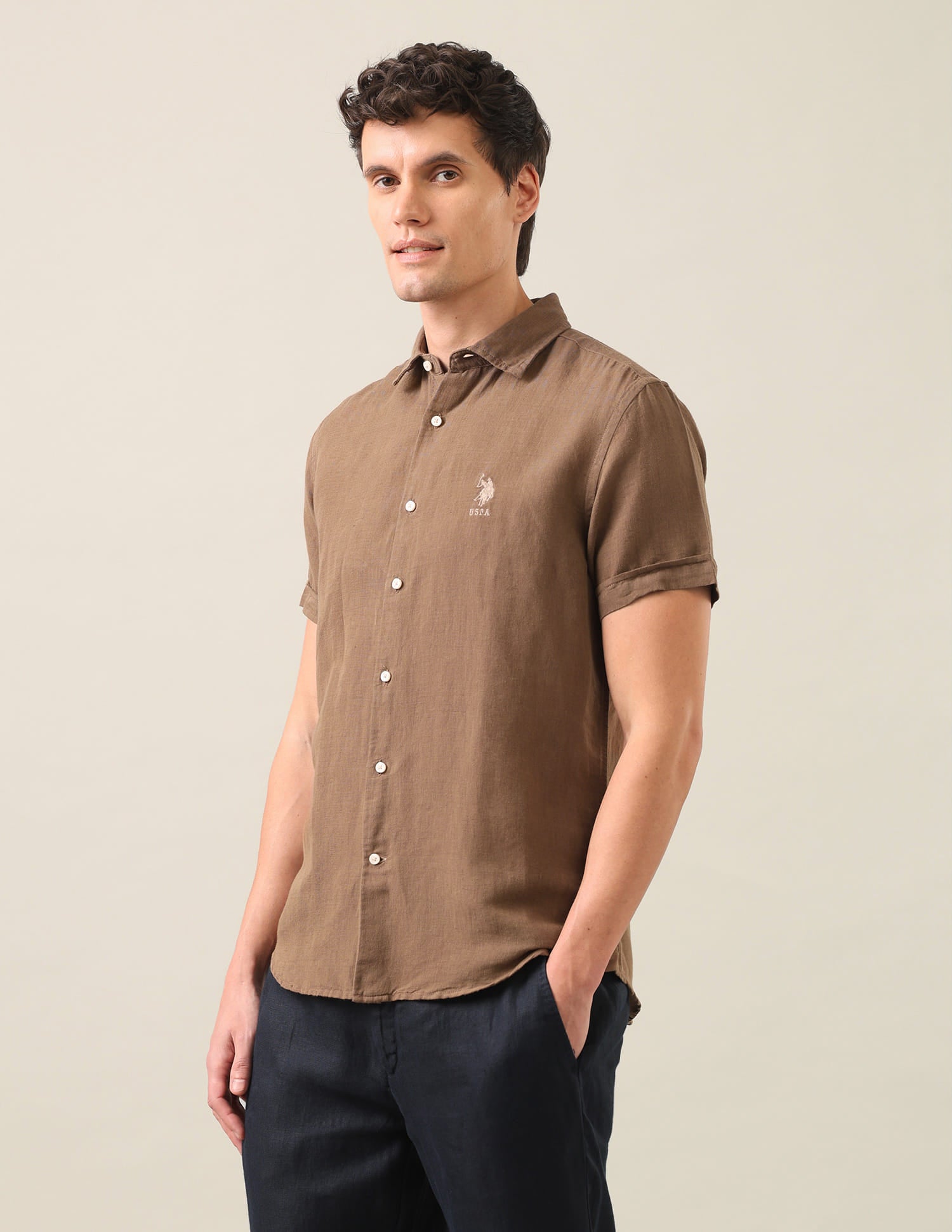 Solid Regular Fit Shirt Khaki - U.S. Polo Assn. India | Large