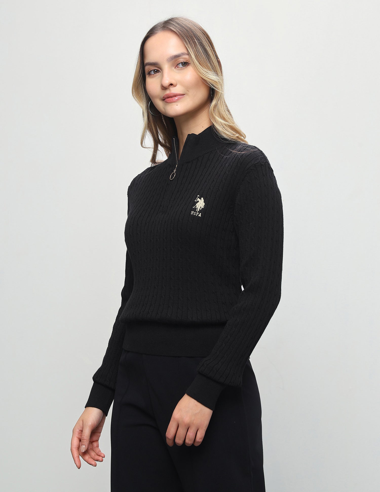 Cable Patterned Knit Regular Fit Sweater Black - U.S. Polo Assn. India | Large