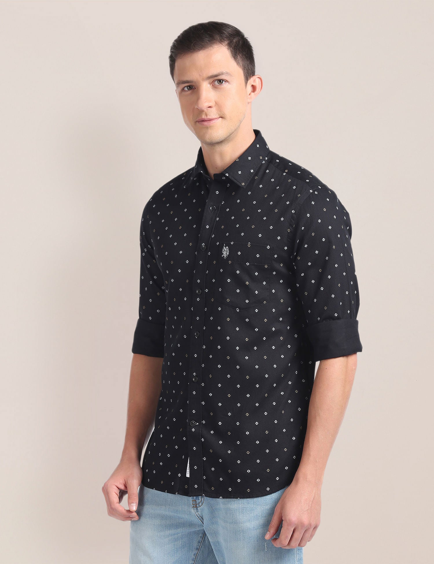 Geometric Print Dobby Shirt Black - U.S. POLO ASSN. | Large