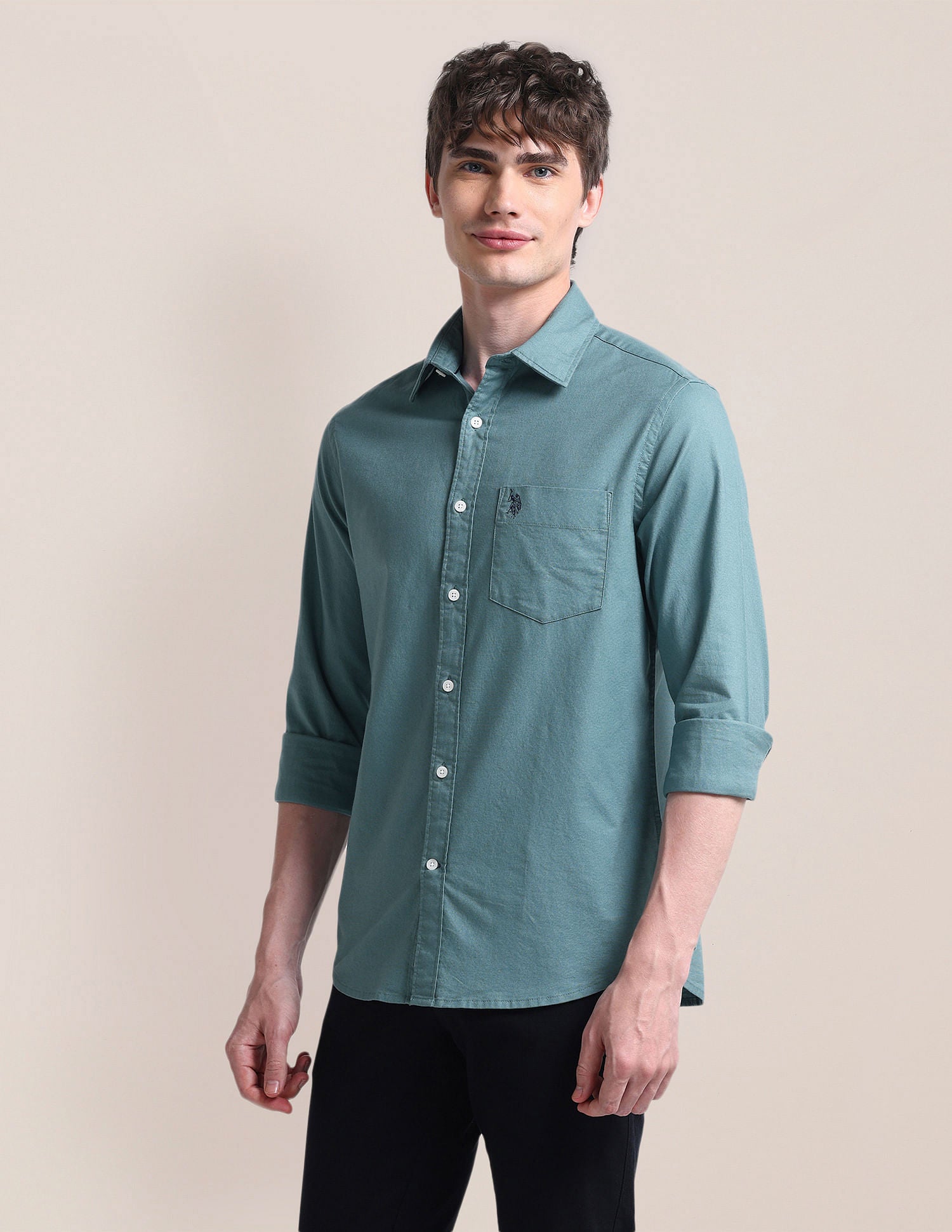 Cutaway Collar Cotton Shirt Teal - U.S. Polo Assn. India | Large