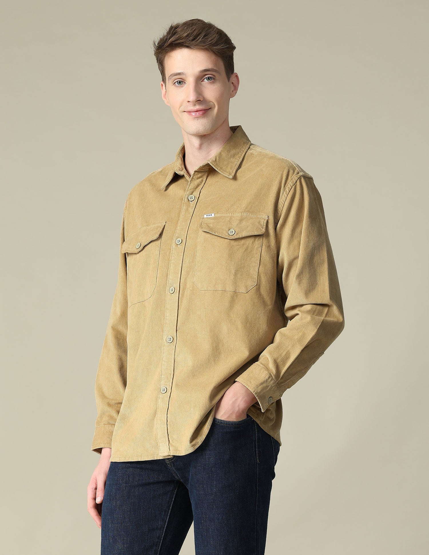 Solid Regular Fit Shirt Khaki - U.S. Polo Assn. India | Large