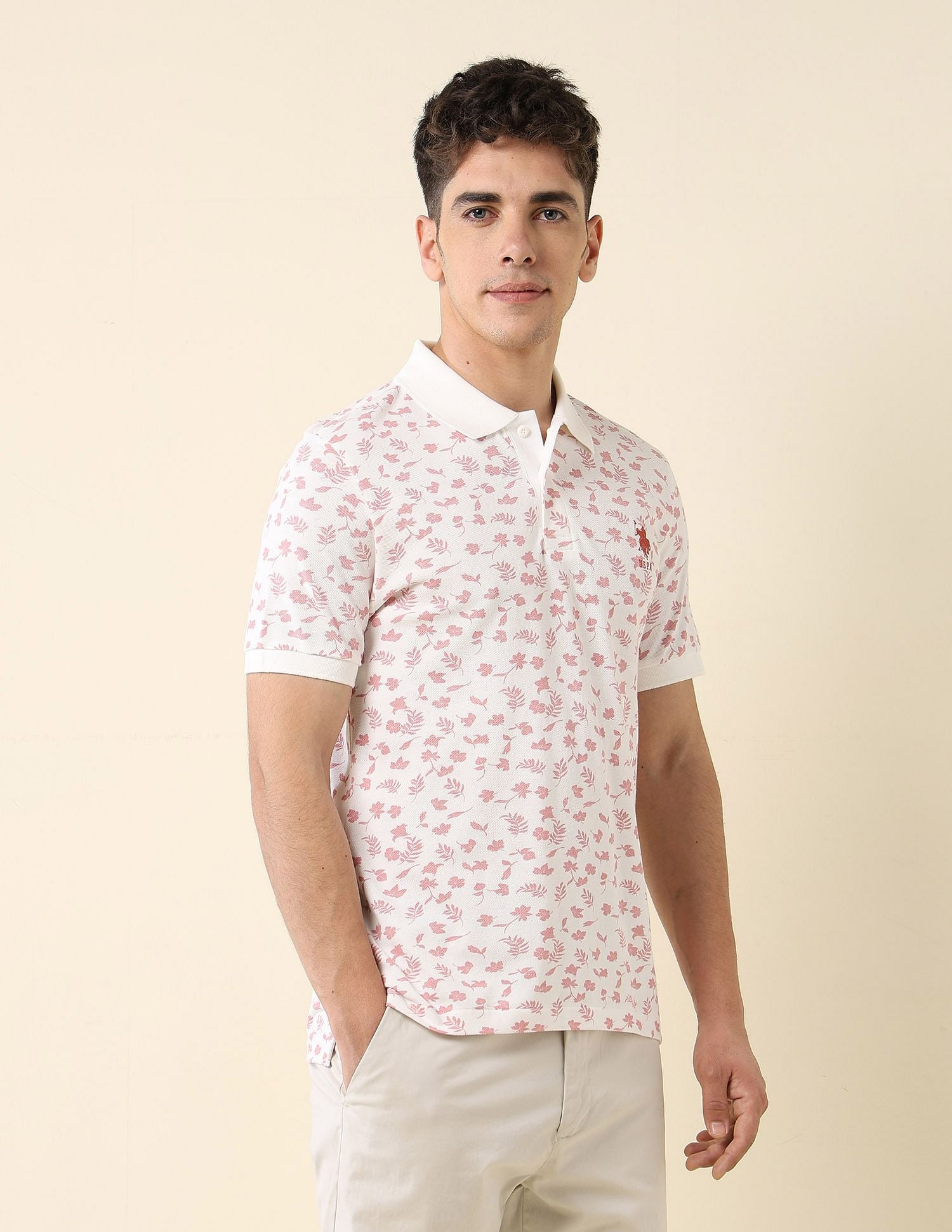 All-Over Printed Slim Fit Polo Shirt Off White - U.S. Polo Assn. India | Large
