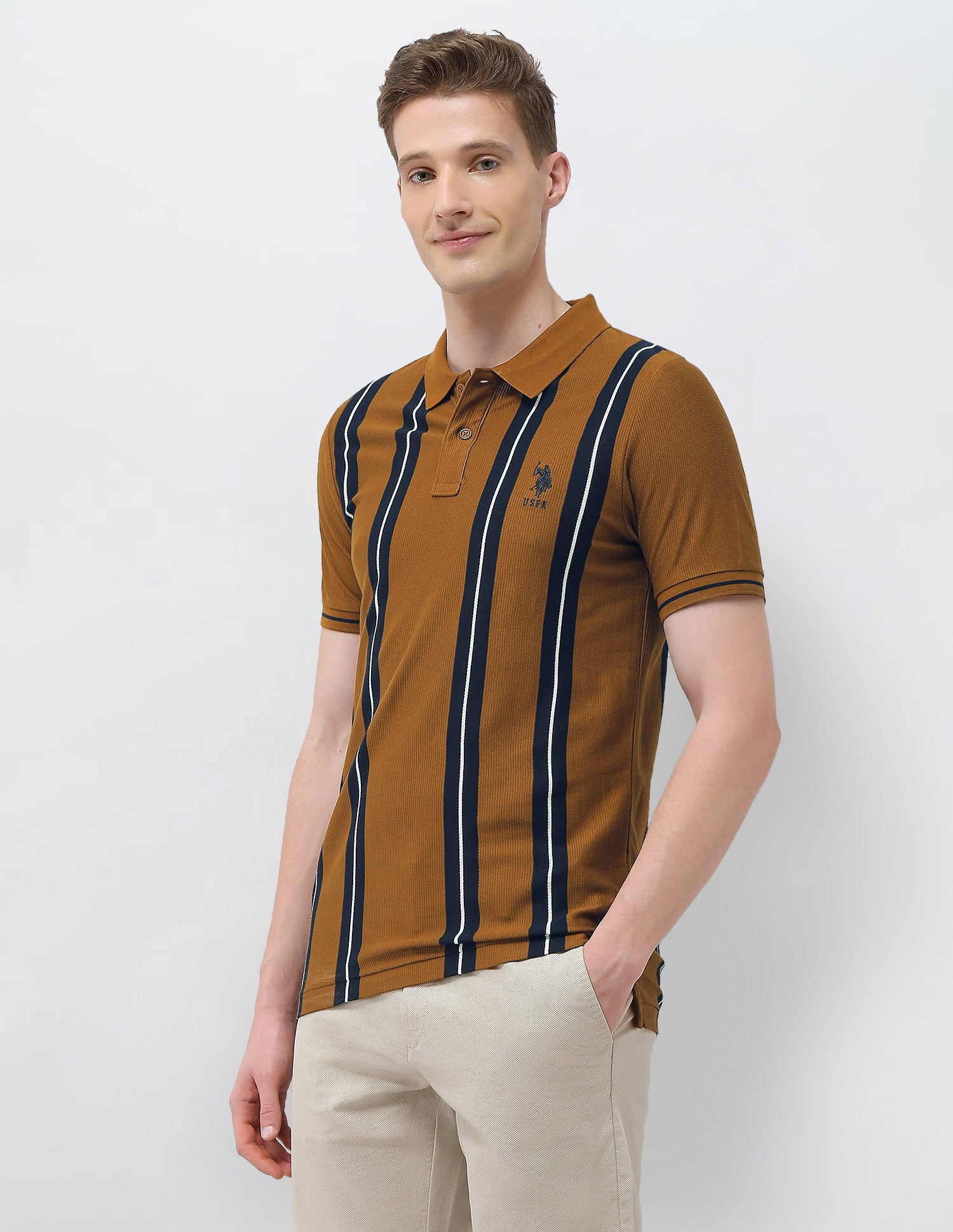 Vertical Striped Sotogrande Slim Fit Polo Shirt Brown - U.S. Polo Assn. India | Large