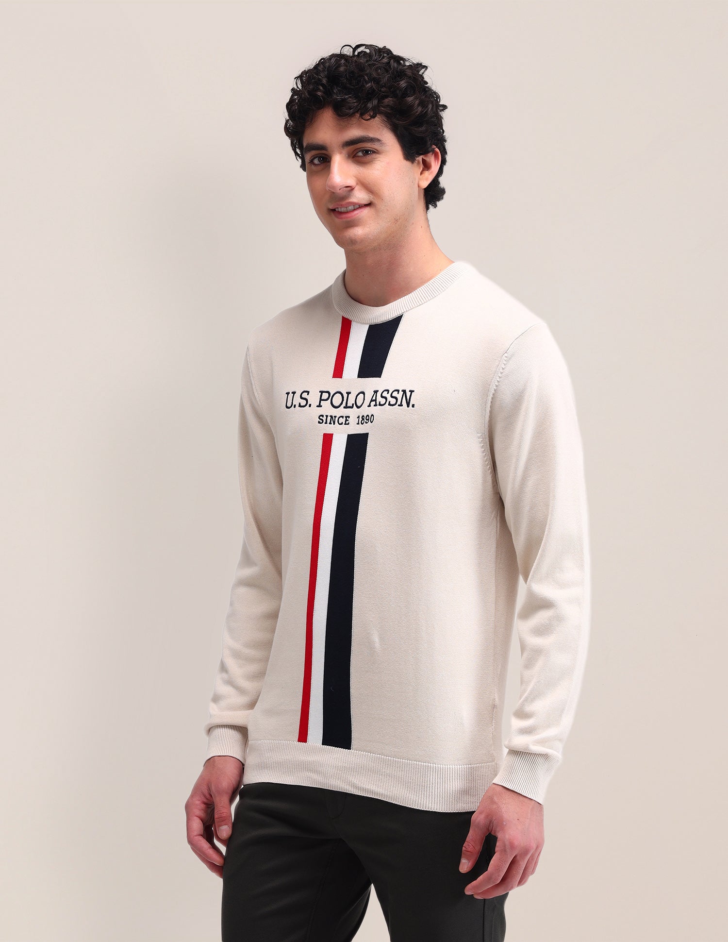 Brand Printed Regular Fit Sweater Off White - U.S. Polo Assn. India | Large