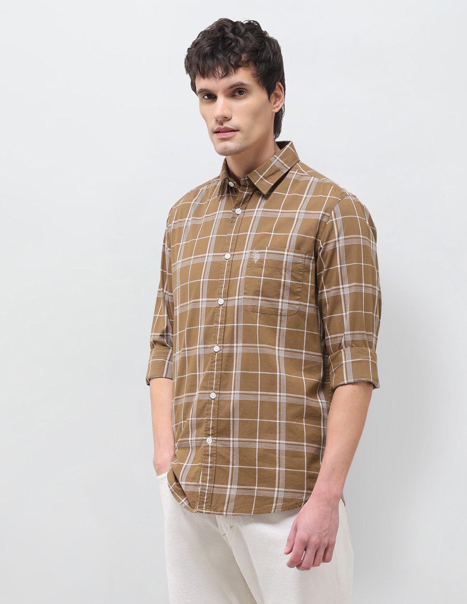 Grid Tattersall Checked Regular Fit Shirt Light Brown - U.S. Polo Assn. India | Large