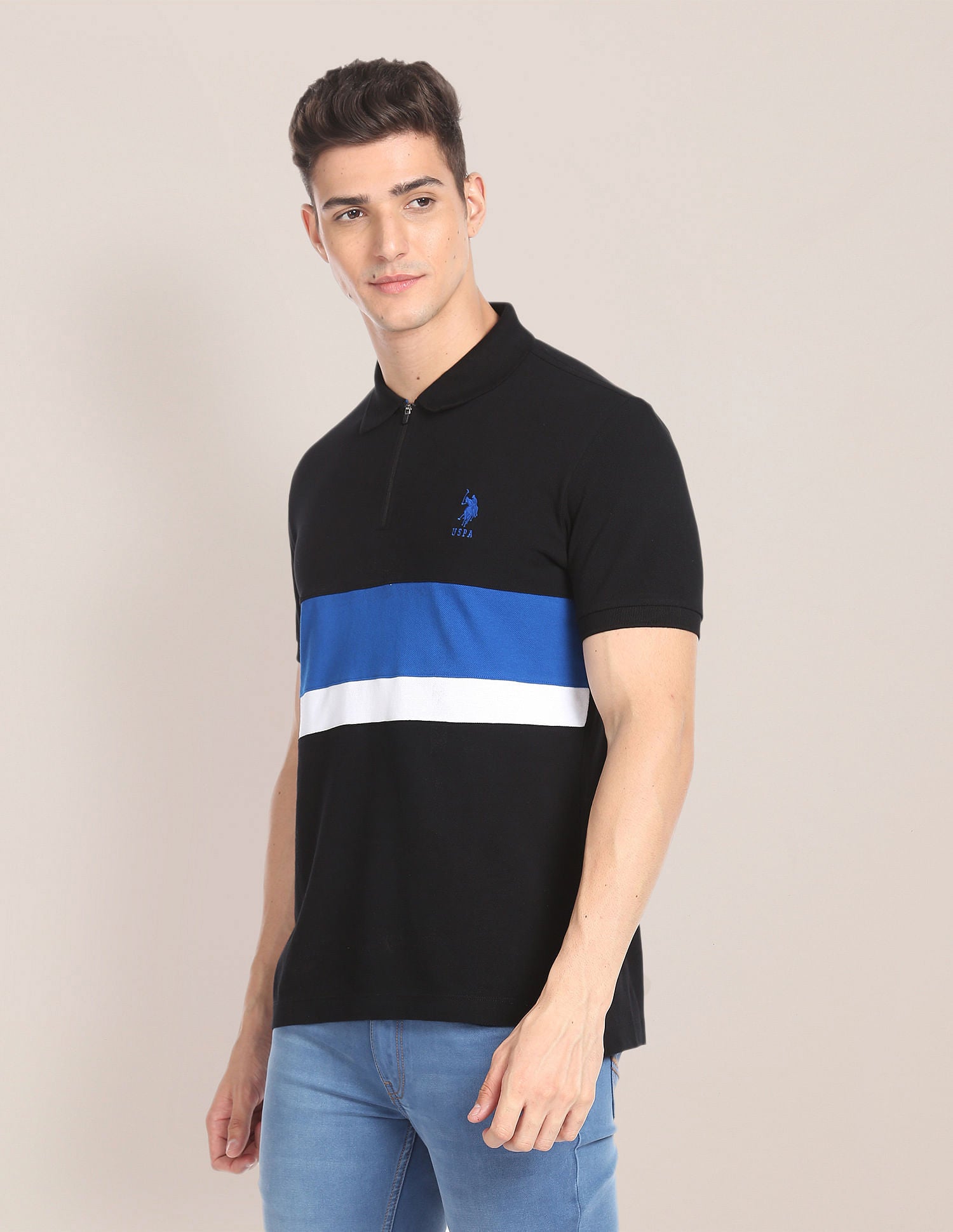 Colour Block Slim Polo Shirt Black - U.S. POLO ASSN. | Large