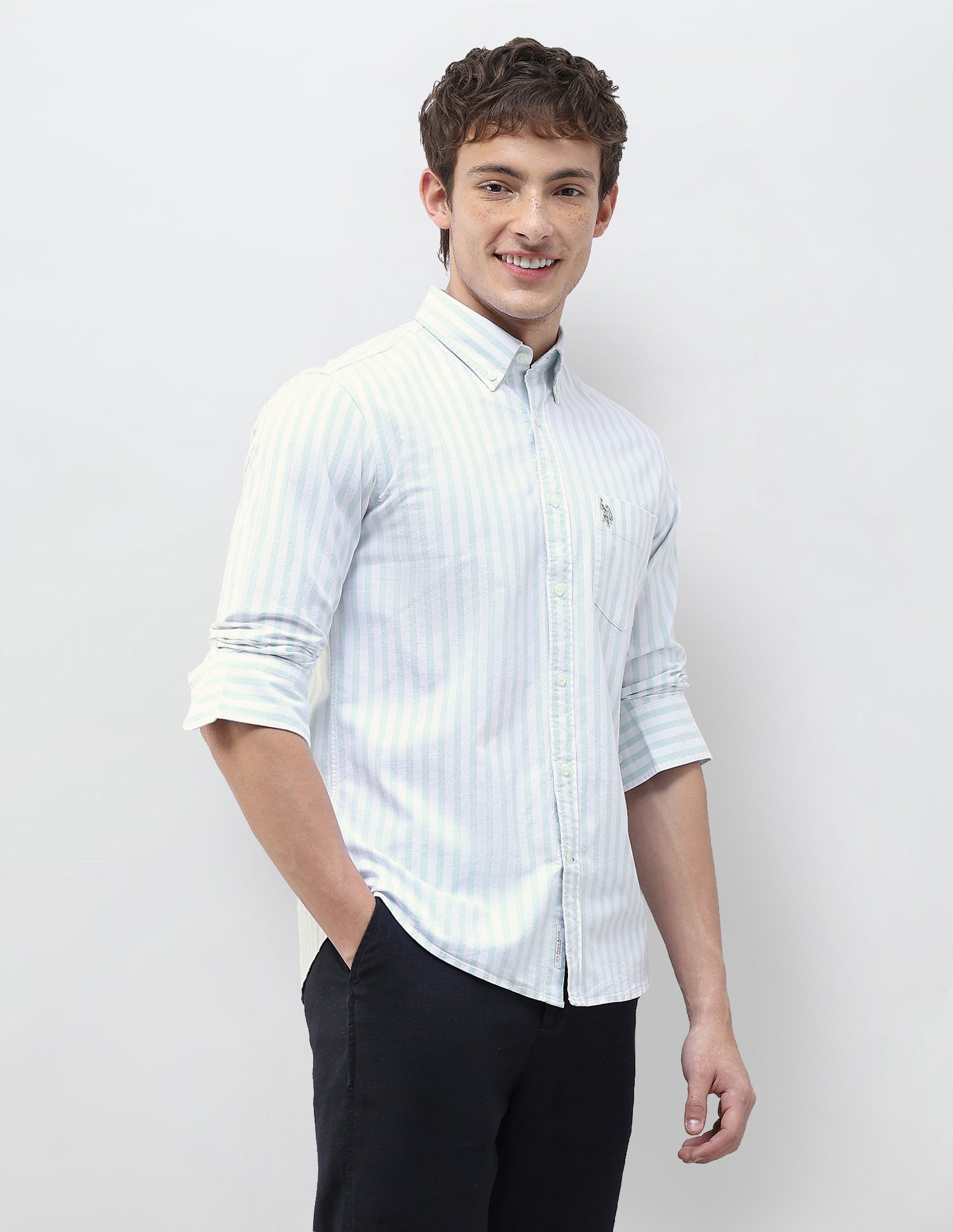 Vertical Striped Regular Fit Shirt Light Green - U.S. Polo Assn. India | Large