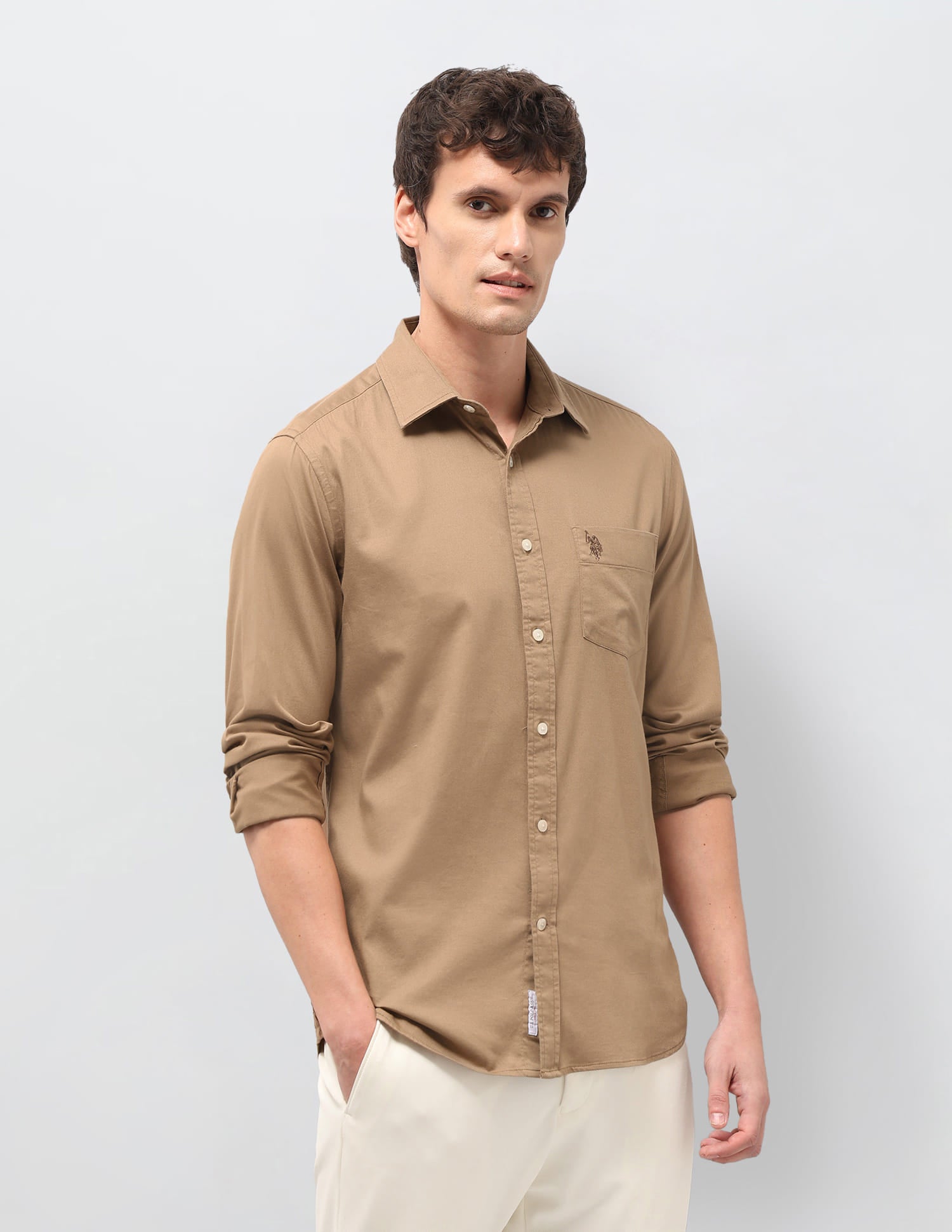 Solid Tailored Fit Shirt Beige - U.S. Polo Assn. India | Large