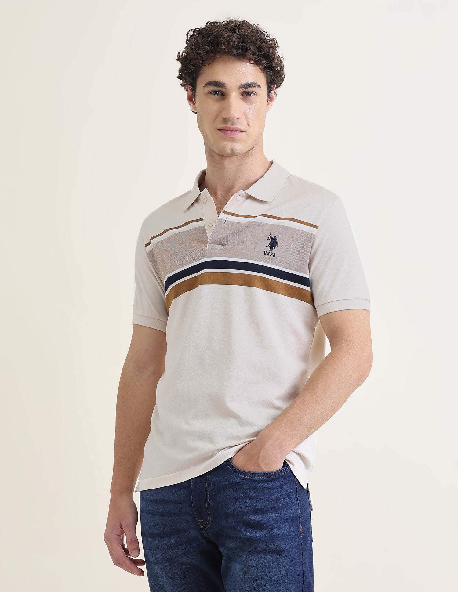 Horizontal Striped Slim Fit Polo Shirt Beige - U.S. Polo Assn. India | Large