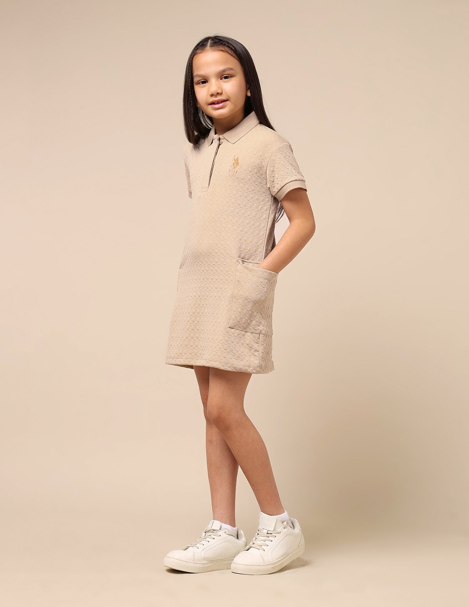 Girls Textured T-Shirt Dress Beige - U.S. POLO ASSN. | Large