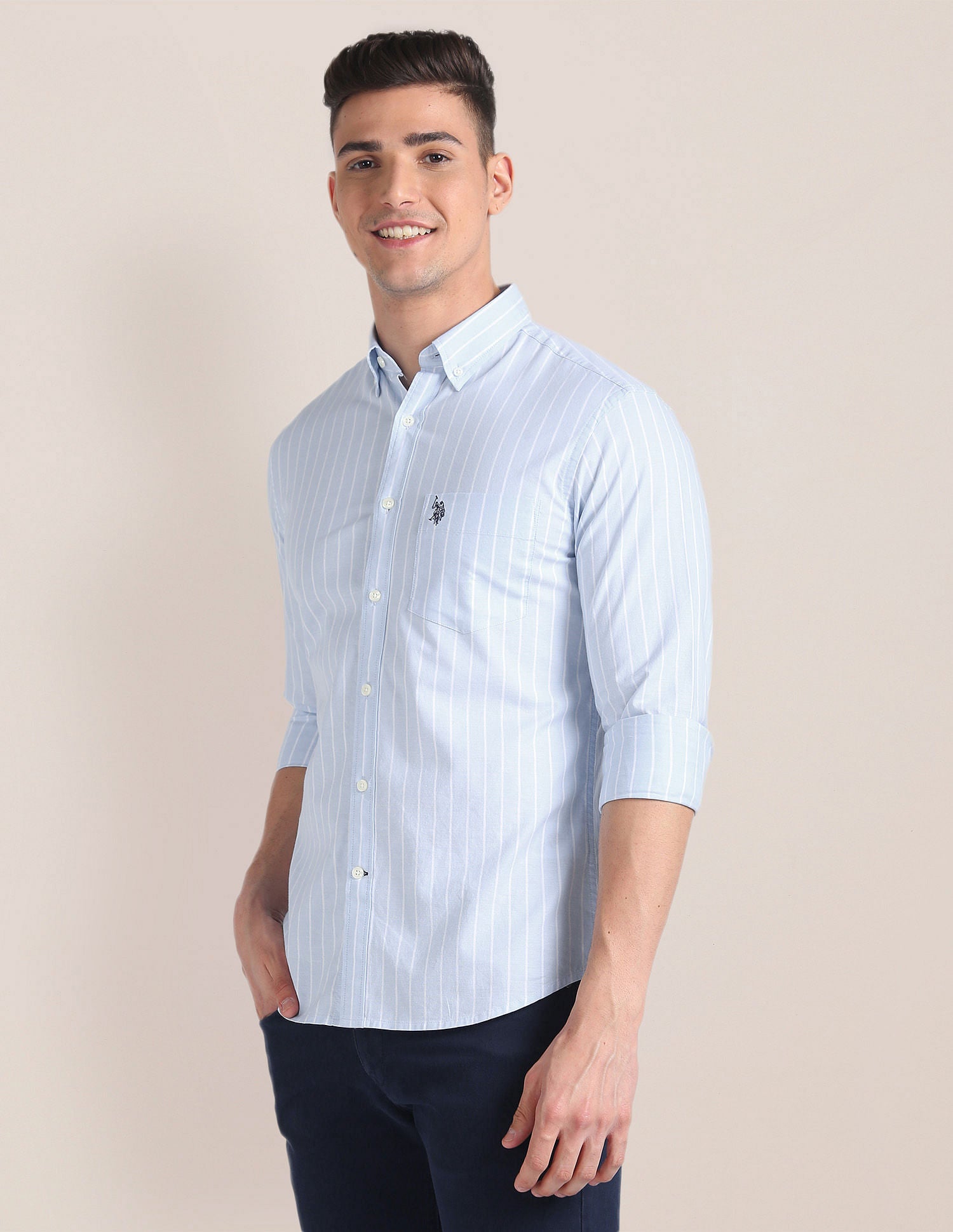 Cotton Stretch Tailored Fit Shirt Blue - U.S. Polo Assn. India | Large