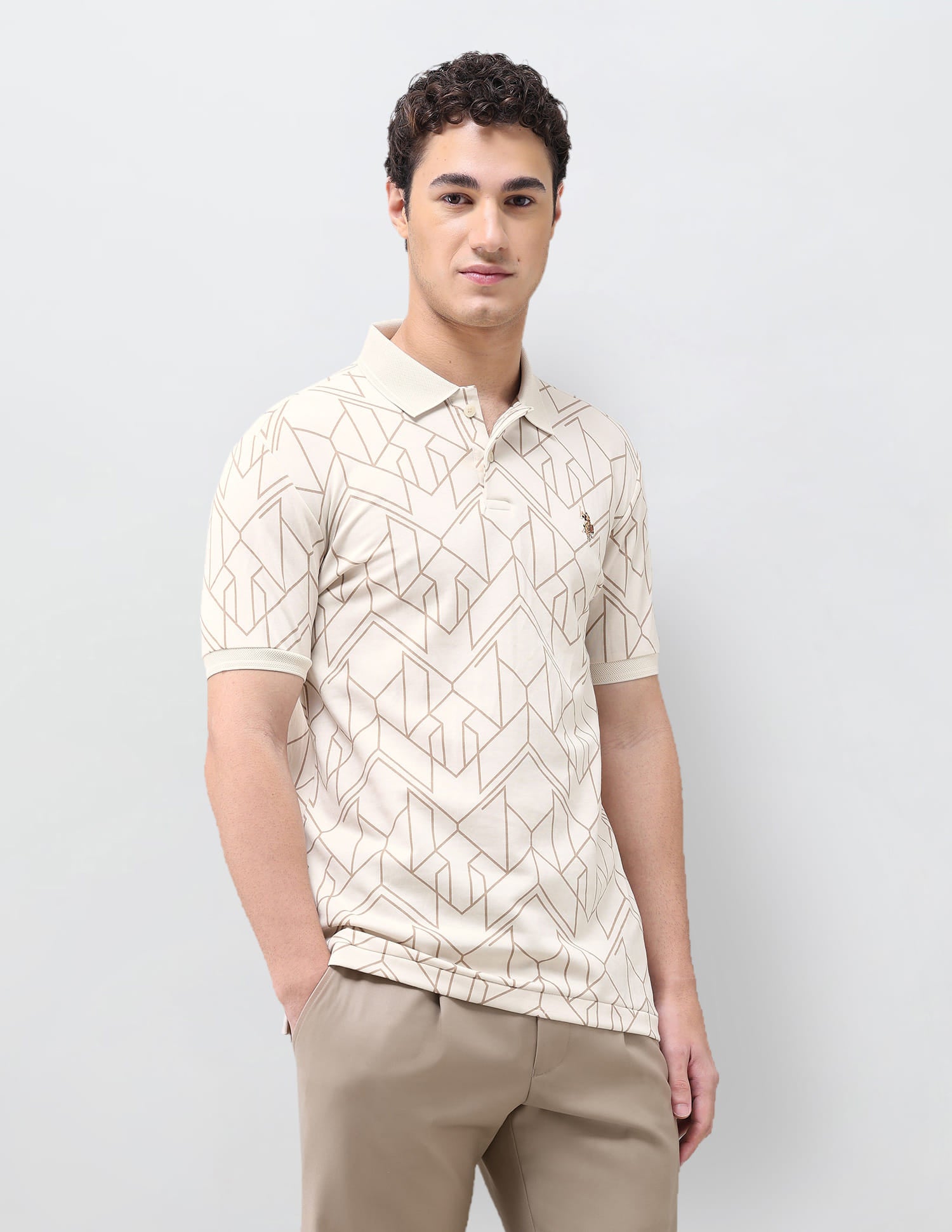Geometric Printed Slim Fit Polo Shirt Beige - U.S. Polo Assn. India | Large