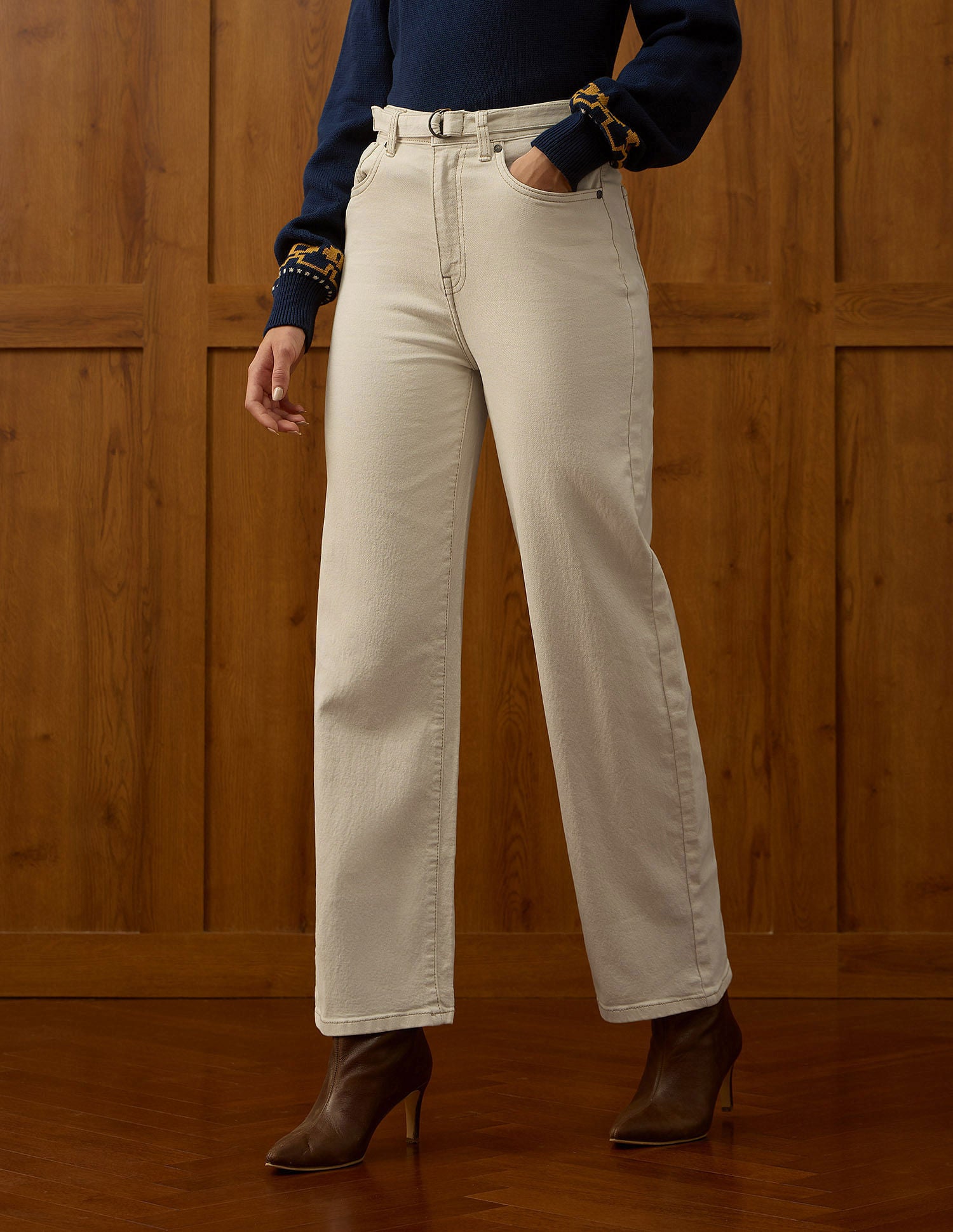 High Rise Wide Leg Jeans Ecru - U.S. POLO ASSN. | Large