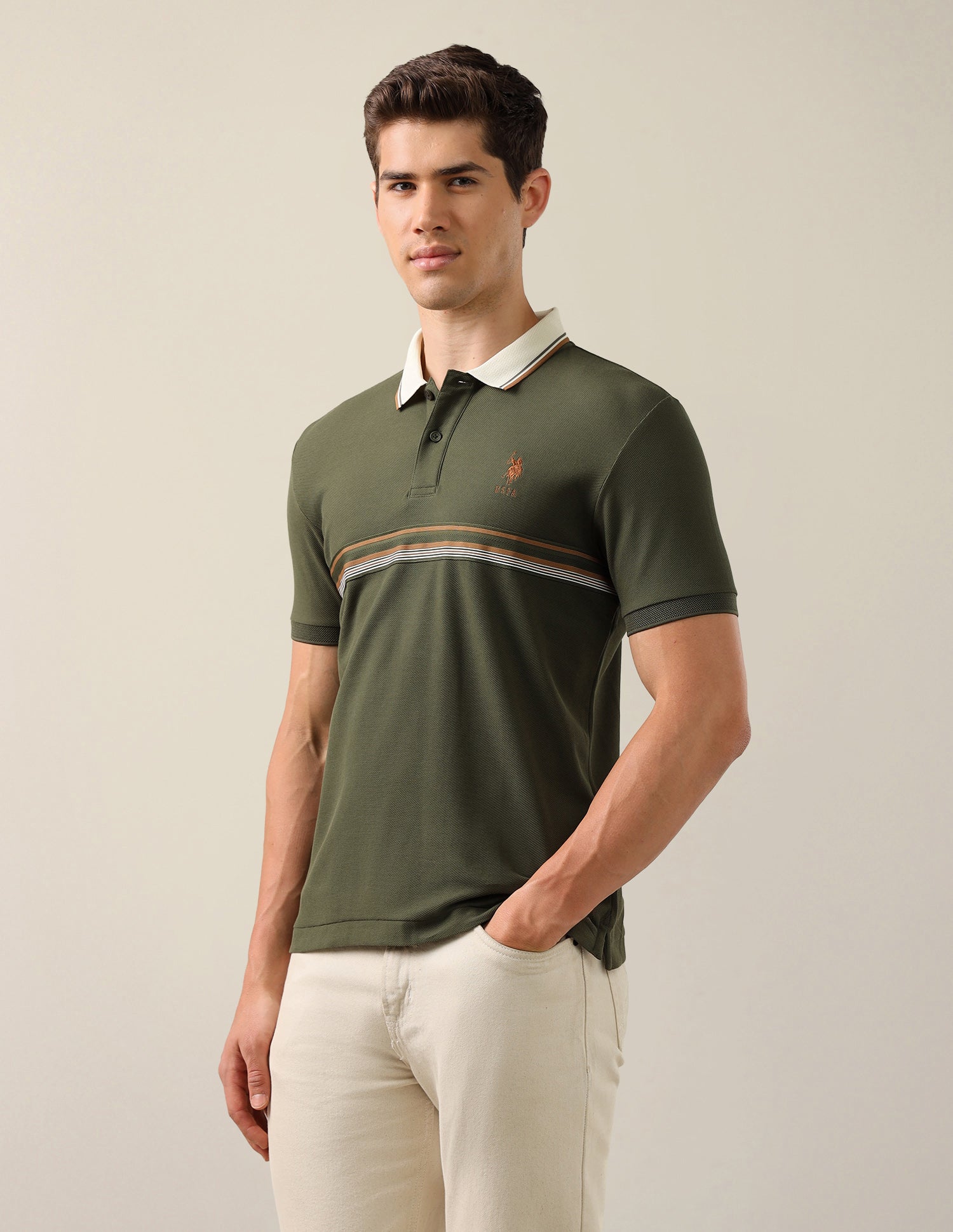 Solid Slim Fit Polo Shirt Olive - U.S. Polo Assn. India | Large