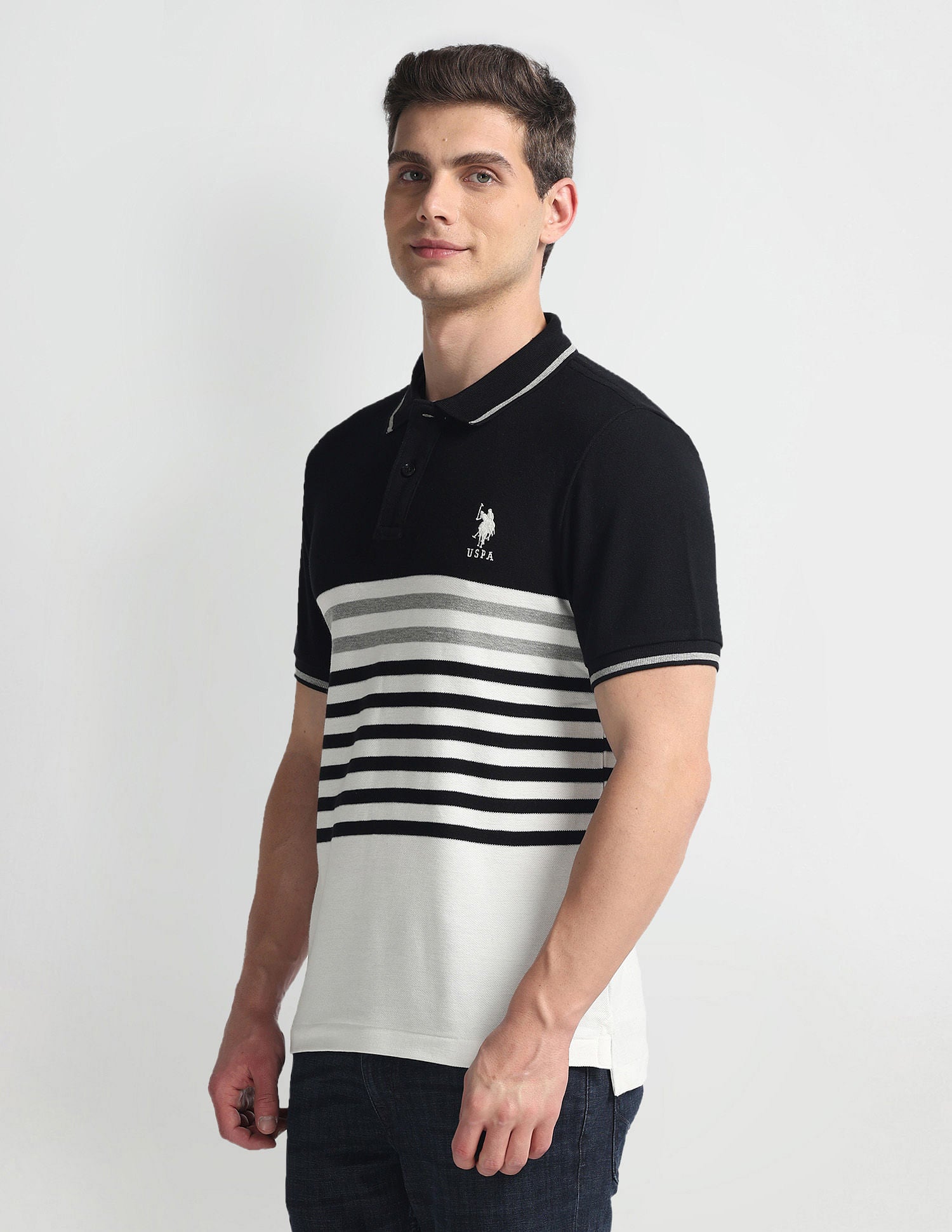 Horizontal Stripe Pique Polo Shirt Black - U.S. POLO ASSN. | Large